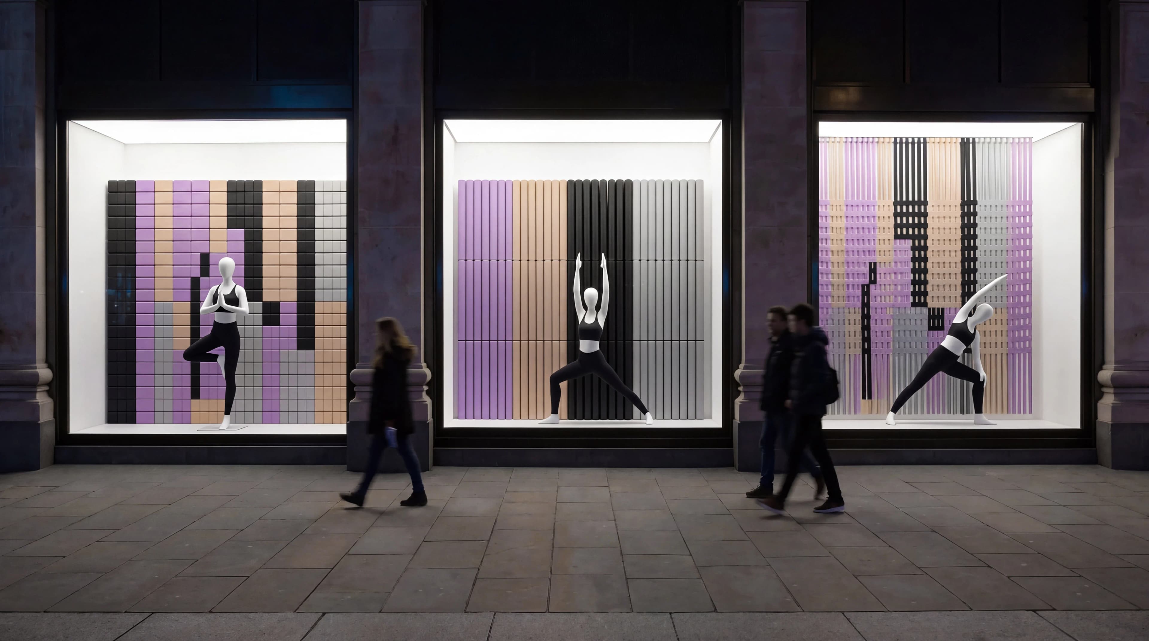 Storefront windows featuring yoga blocks, rolled mats and woven strap displays — Spatial Design by Parallel Creative Agency — Asana Yoga & Pilates, retail