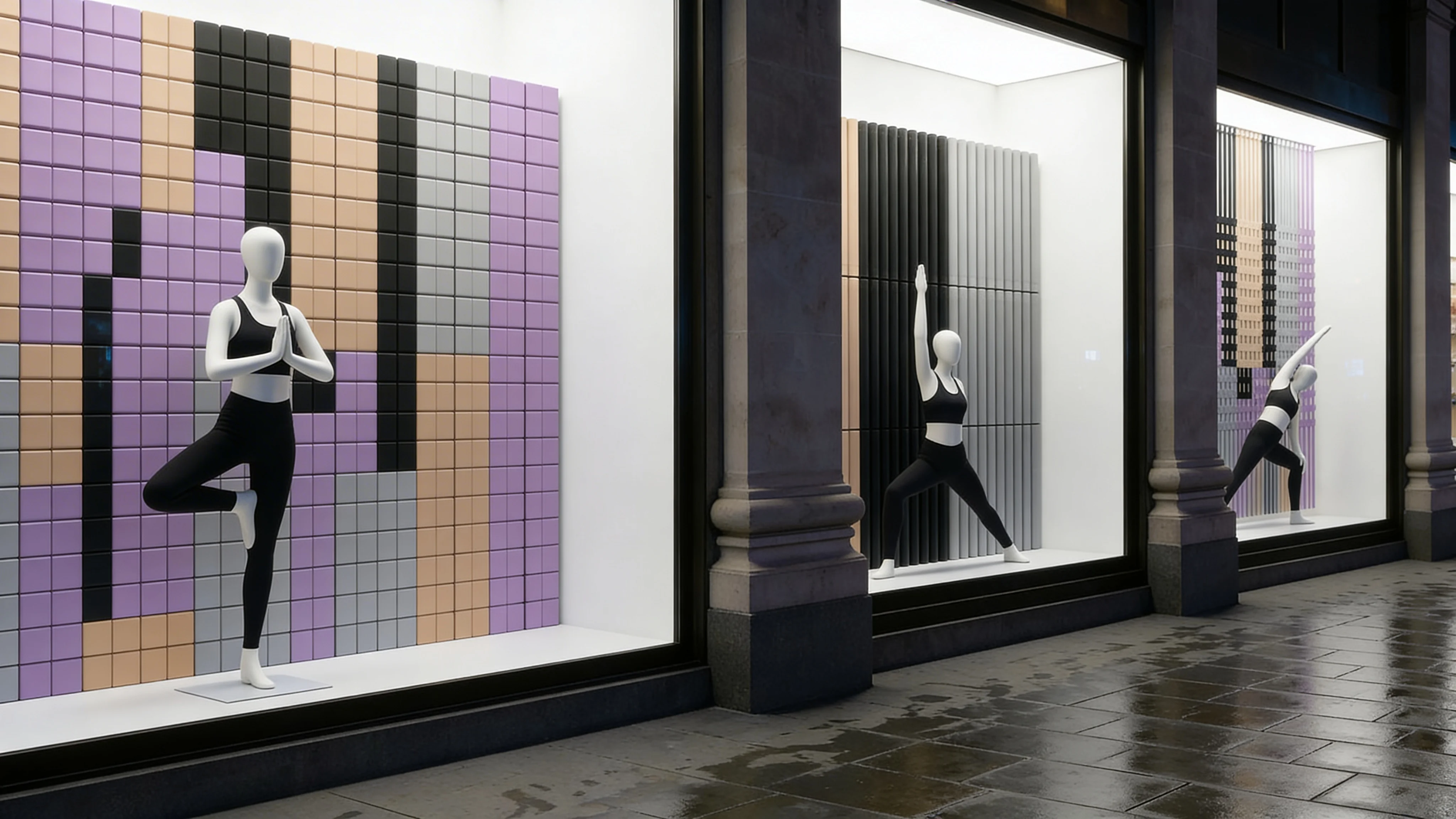 Angled interior view of the yoga prop storefront windows — Spatial Design by Parallel Creative Agency — Asana Yoga & Pilates, retail