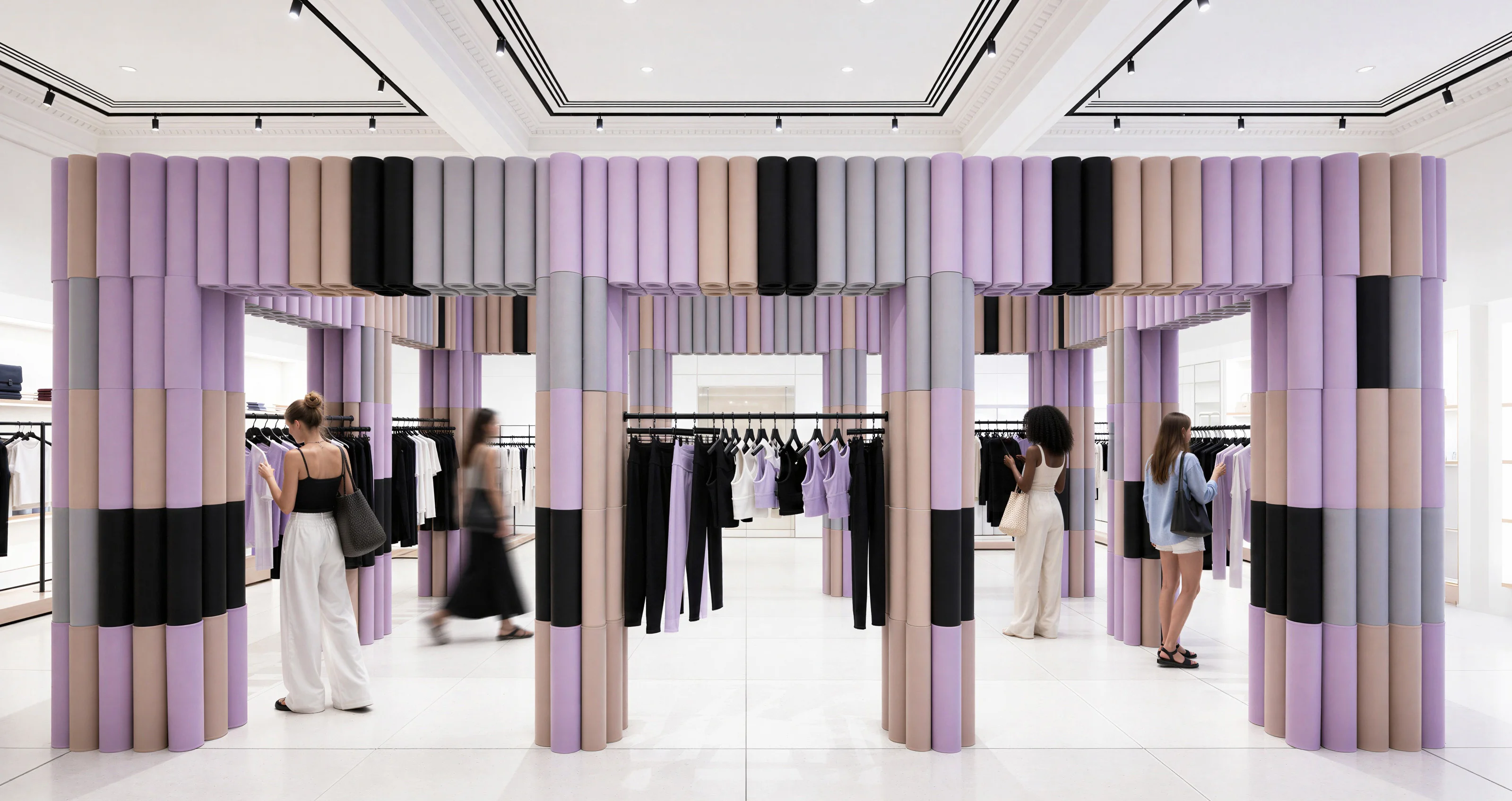 Rolled mat columns forming an arch in-store — Spatial Design by Parallel Creative Agency — Asana Yoga & Pilates, retail