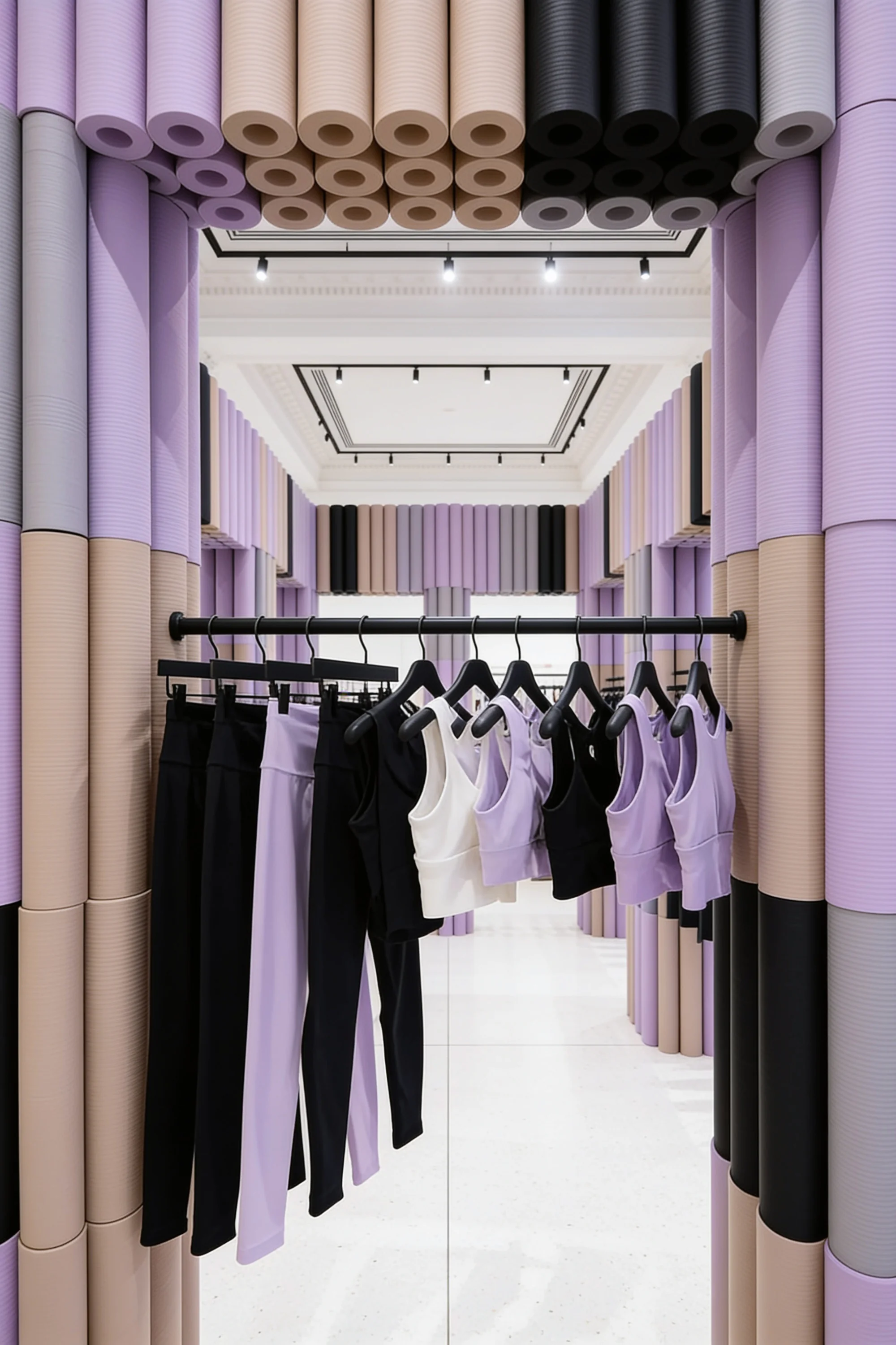 Rolled mats stacked into a ceiling installation — Spatial Design by Parallel Creative Agency — Asana Yoga & Pilates, retail