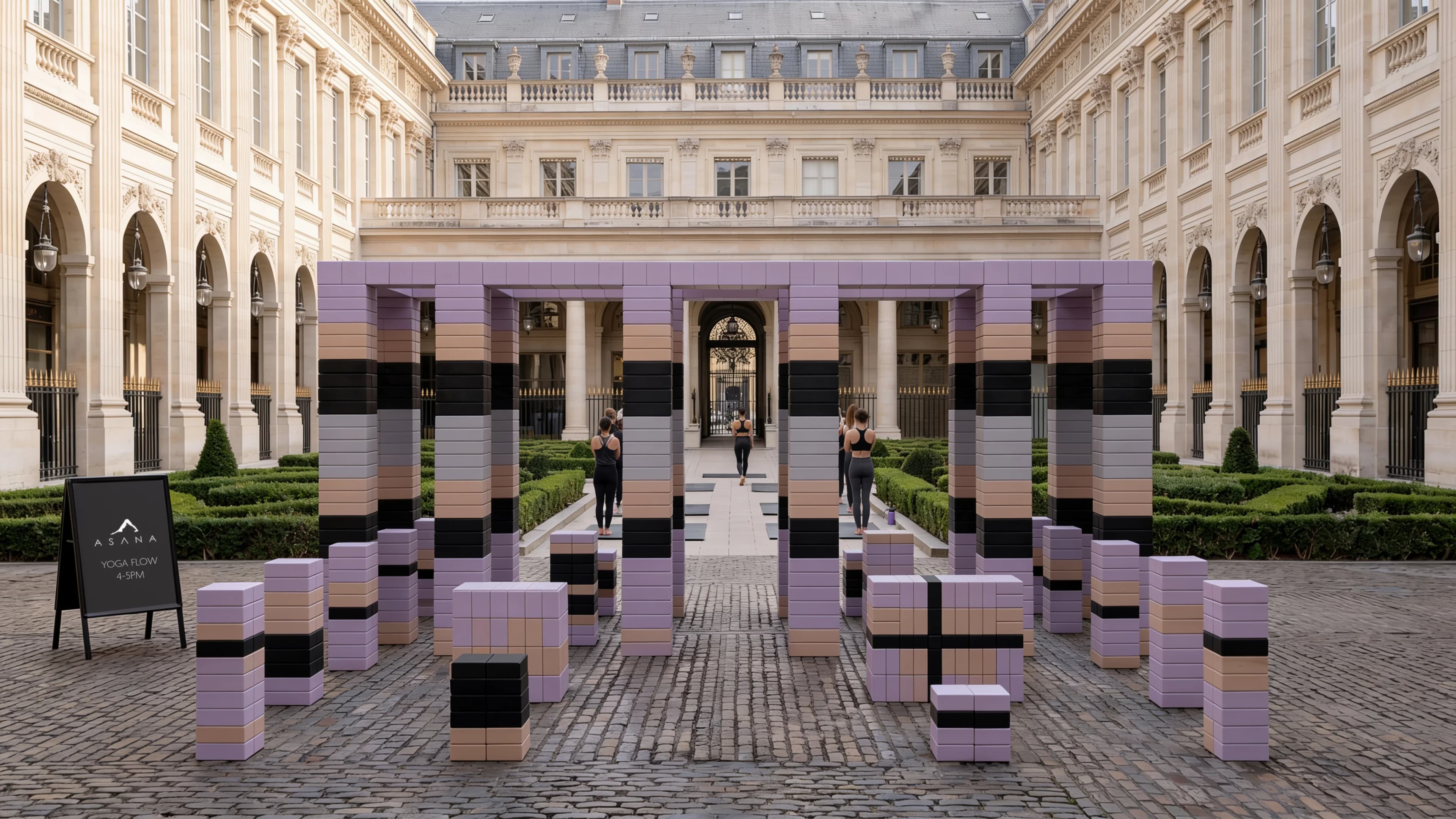 ASANA pop-up pavilion of stacked blocks in a Paris courtyard — Spatial Design by Parallel Creative Agency — Asana Yoga & Pilates, culture