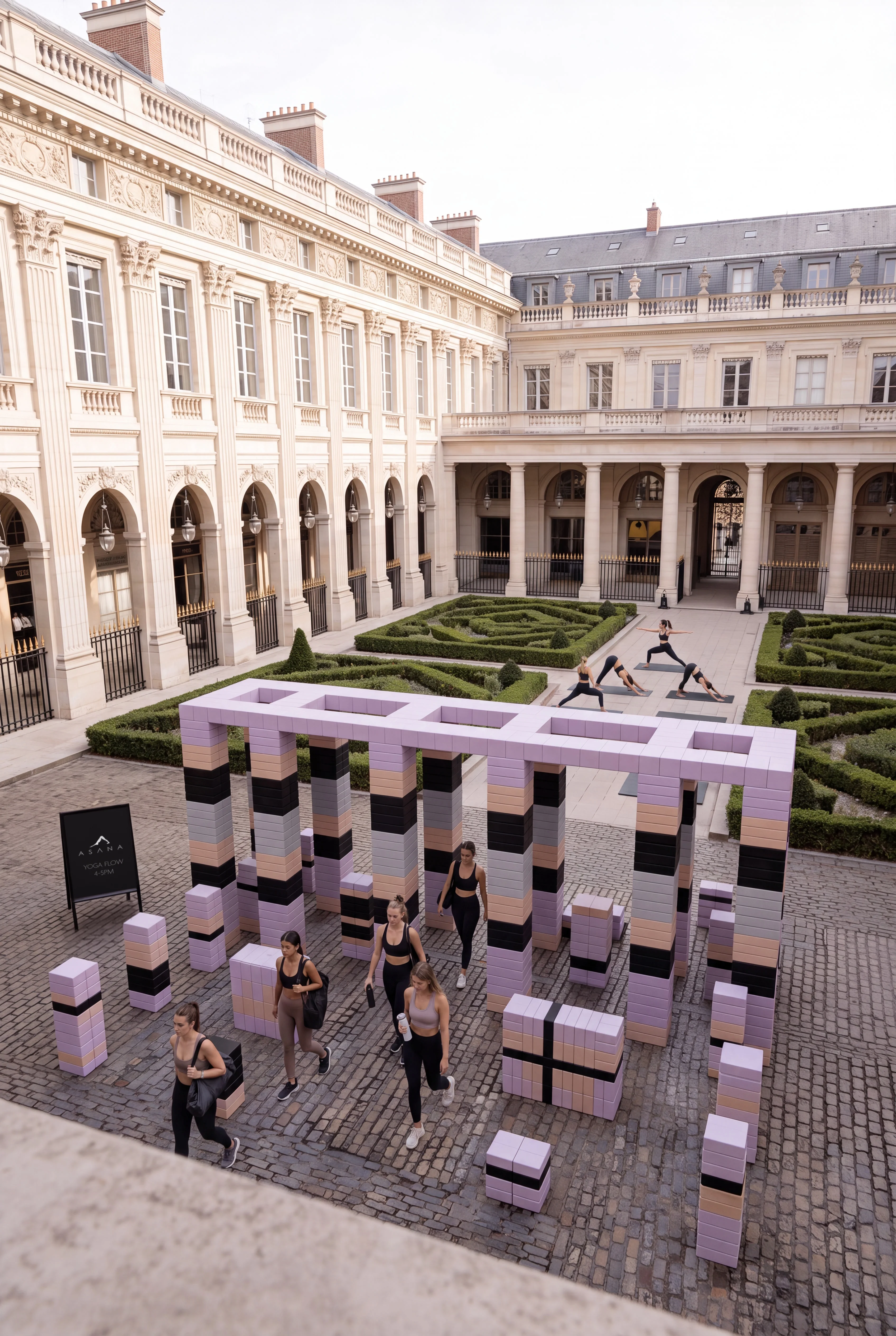 Aerial view of the pavilion and yoga class in the courtyard — Experience Design by Parallel Creative Agency — Asana Yoga & Pilates, lifestyle