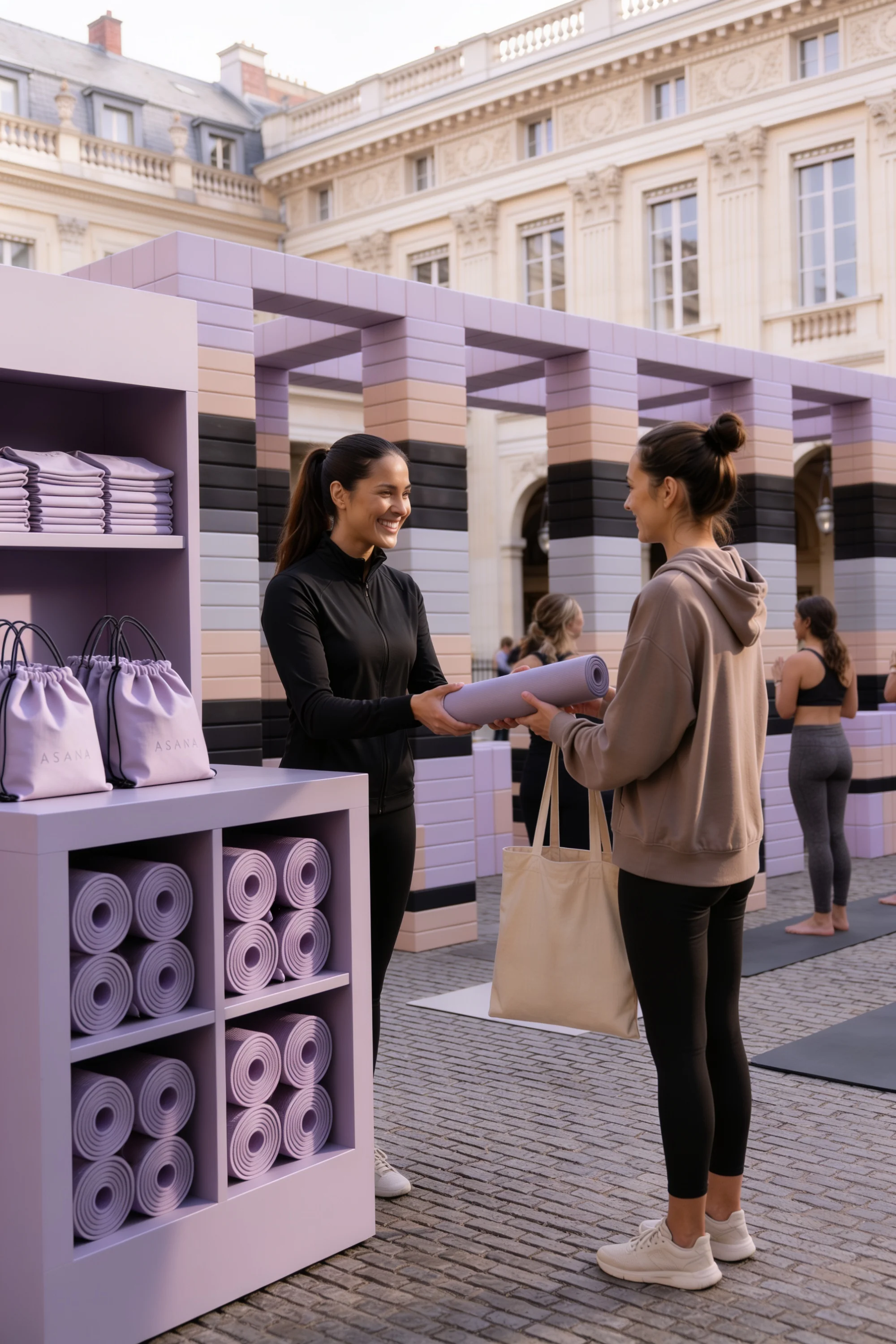 Branded pouches and folded apparel on a pop-up display — Experience Design by Parallel Creative Agency — Asana Yoga & Pilates, retail