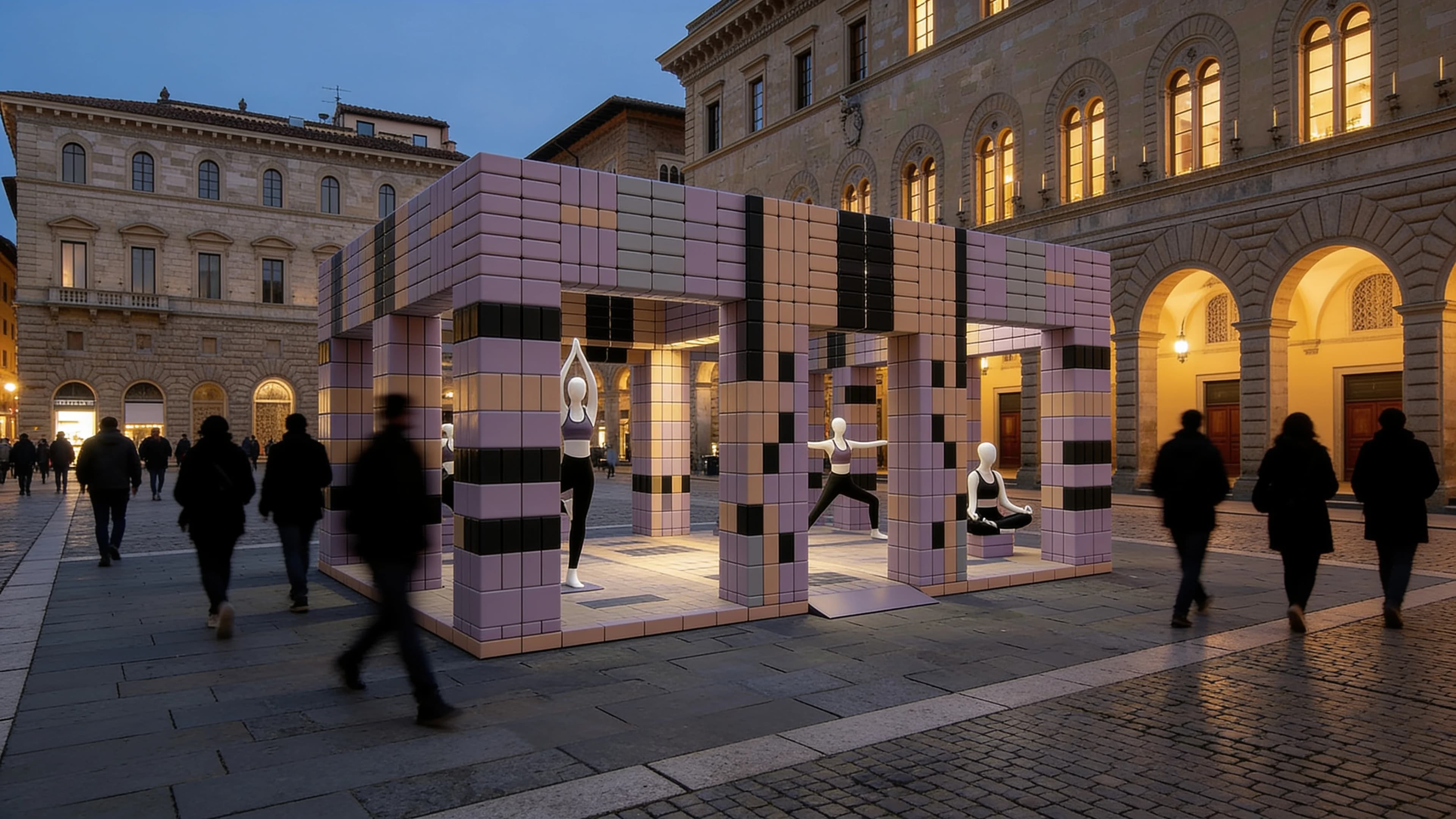 Illuminated pop-up pavilion in a Florence piazza at dusk — Spatial Design by Parallel Creative Agency — Asana Yoga & Pilates, culture