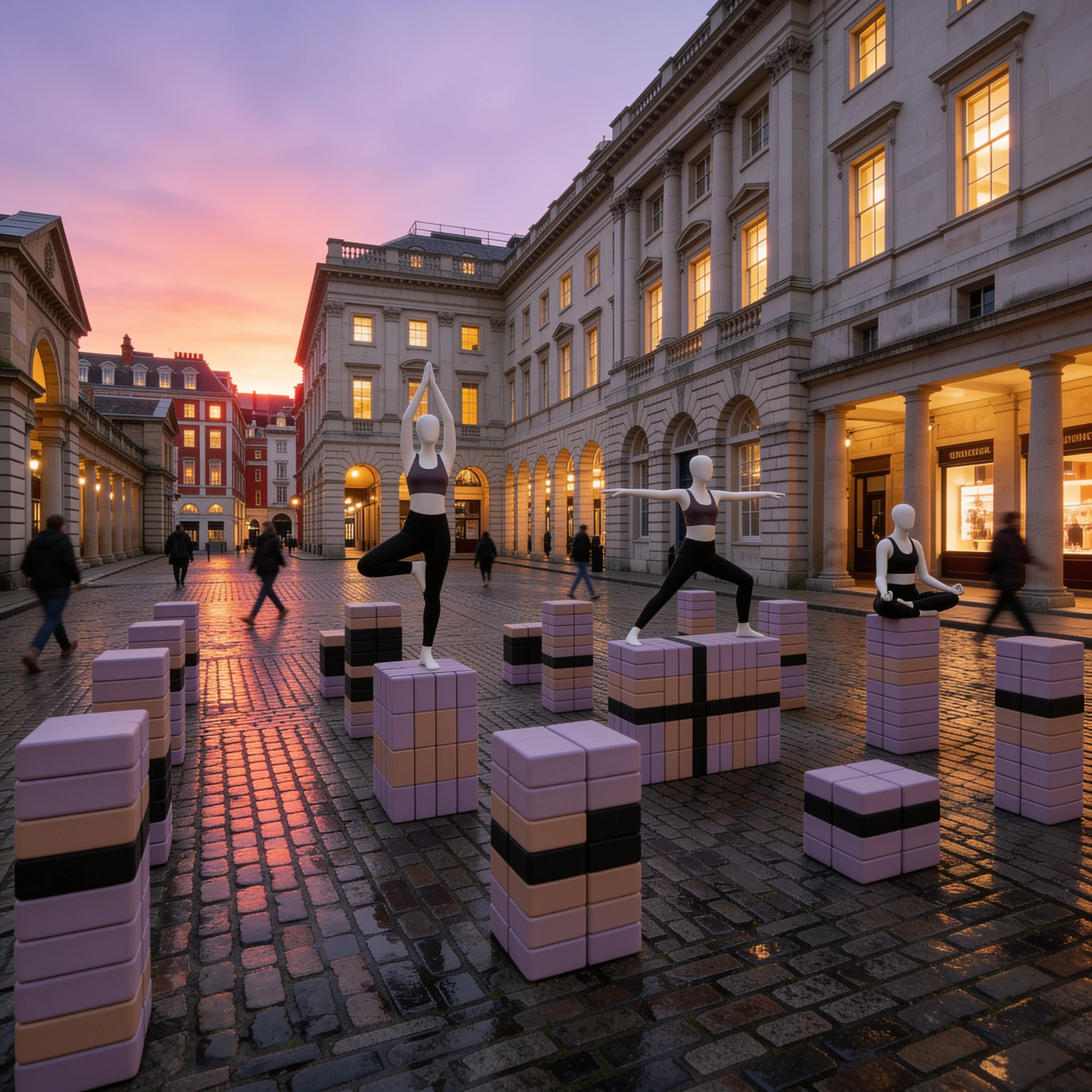Pop-up pavilion installation in a London courtyard at dusk — Spatial Design by Parallel Creative Agency — Asana Yoga & Pilates, culture