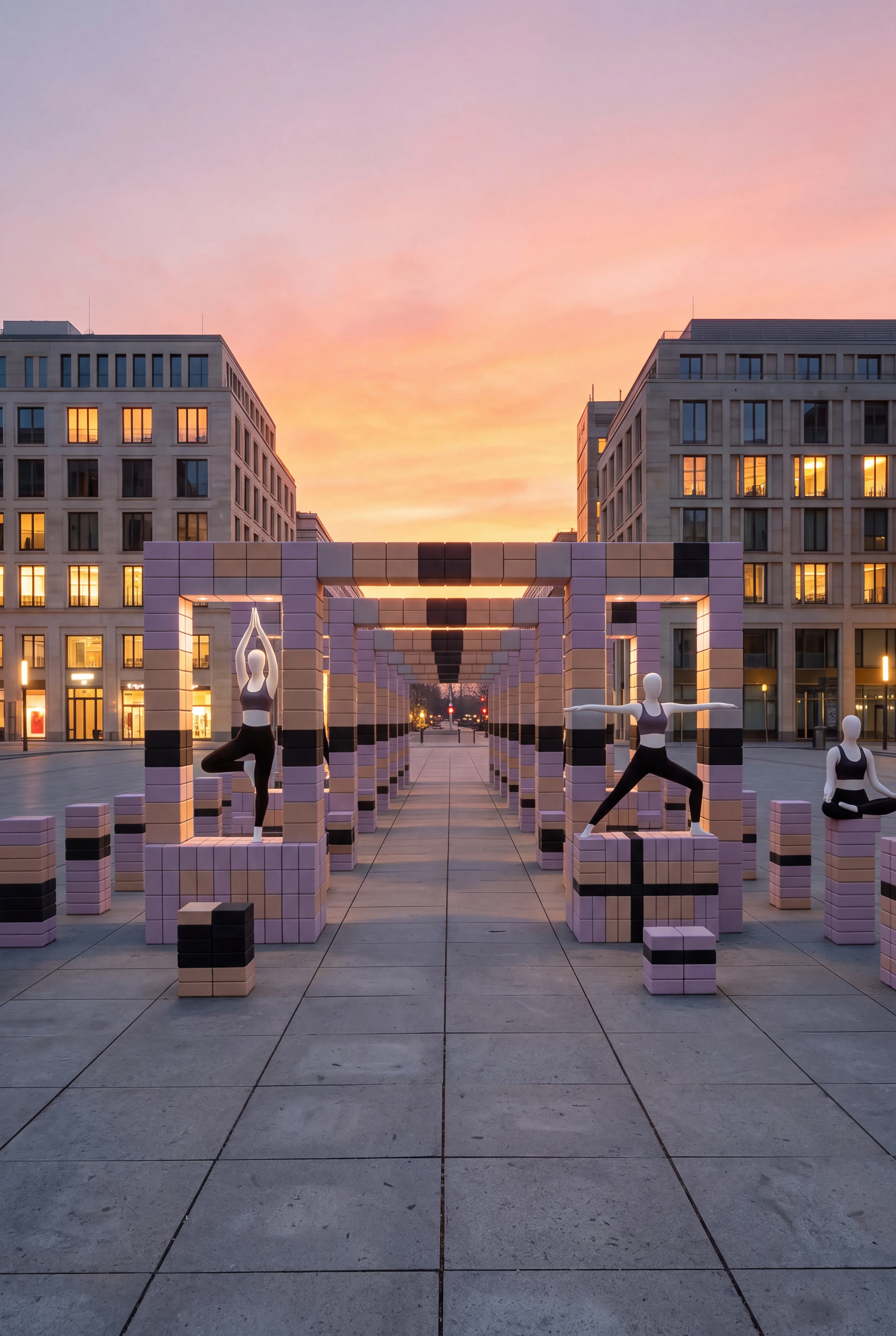 Yoga pose mannequins within an illuminated pop-up pavilion colonnade at dusk — Spatial Design by Parallel Creative Agency — Asana Yoga & Pilates, culture