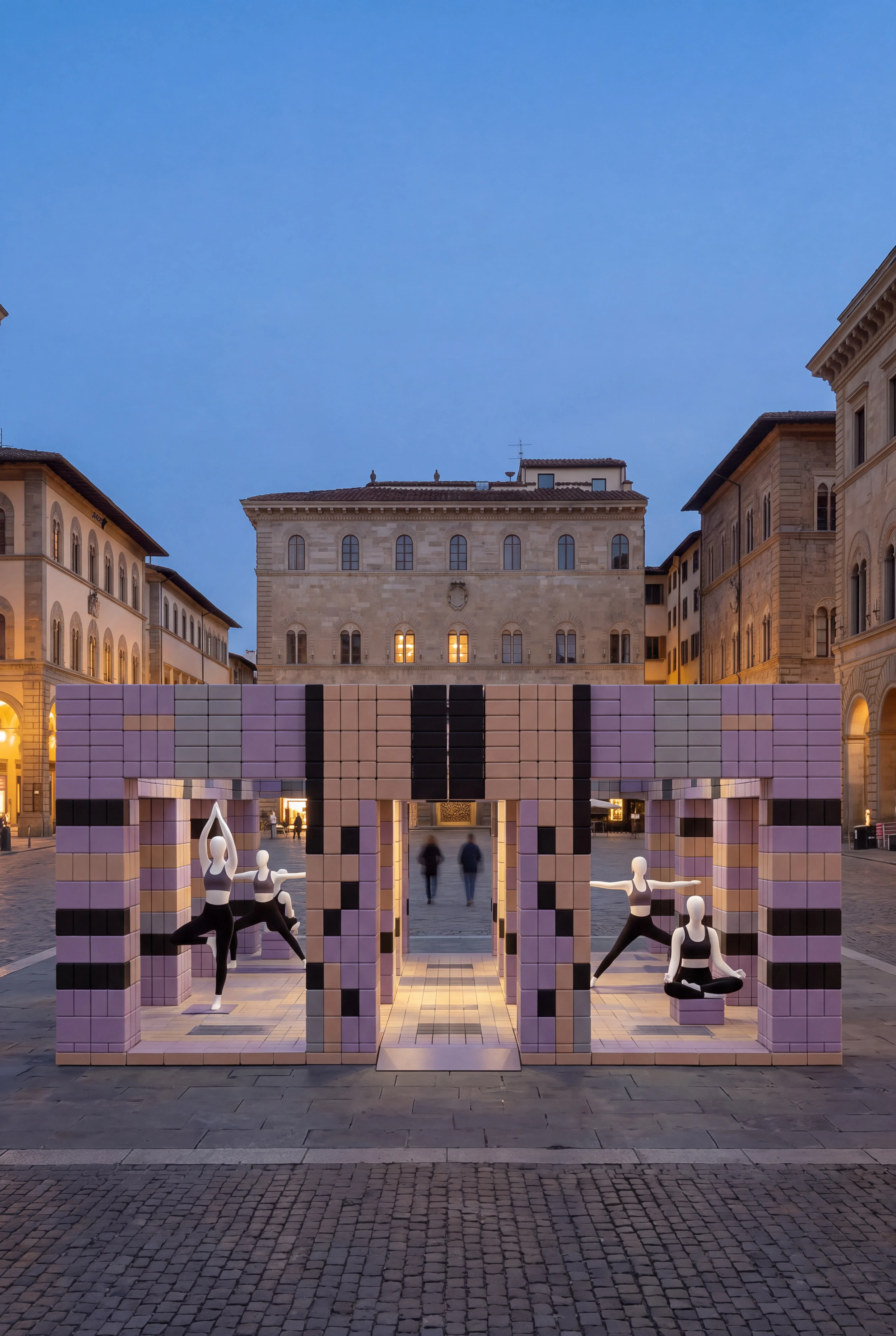 Frontal view of the illuminated yoga pop-up pavilion in a historic piazza at dusk — Spatial Design by Parallel Creative Agency — Asana Yoga & Pilates, culture
