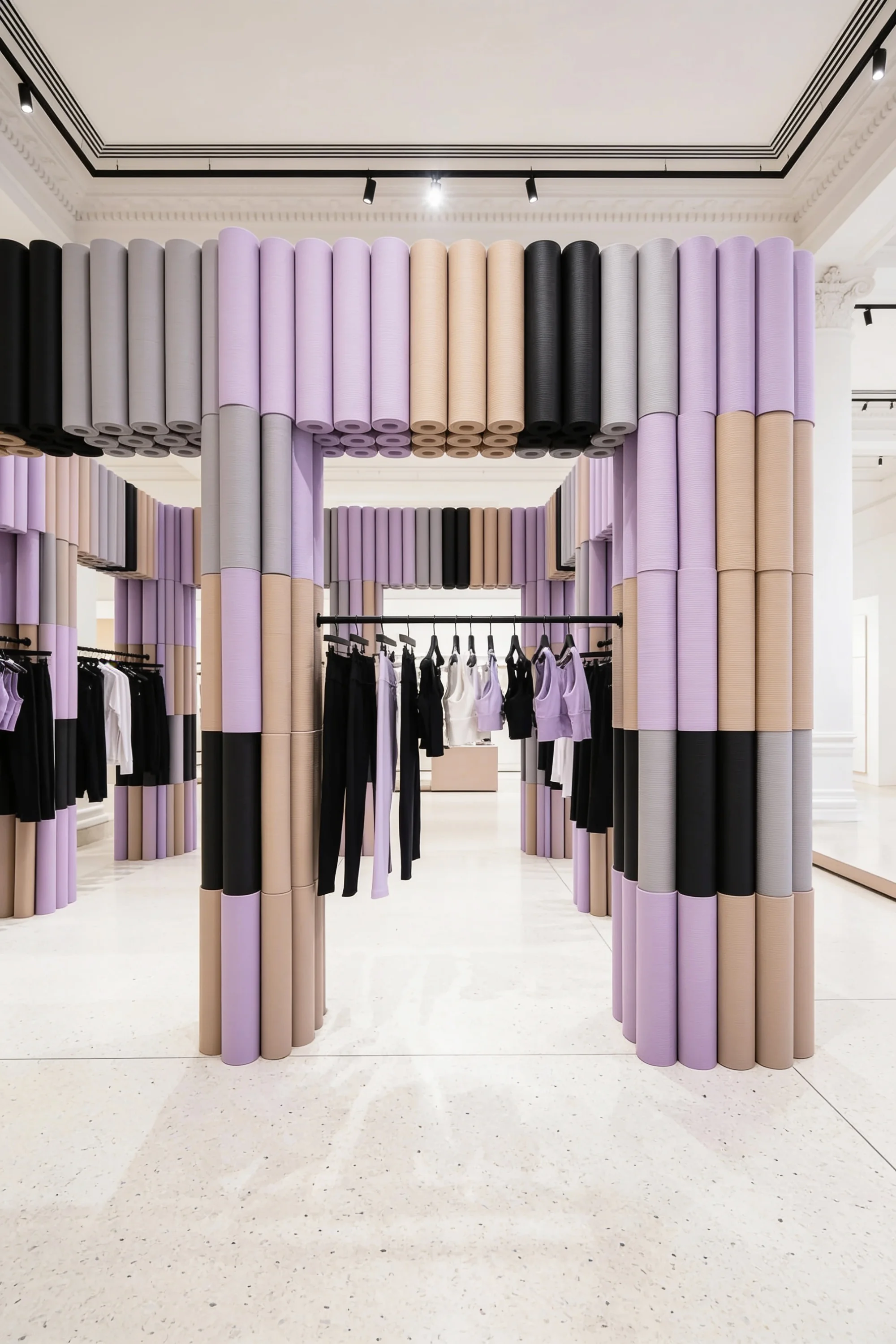 Colour-blocked yoga mats forming an archway around an activewear display — Spatial Design by Parallel Creative Agency — Asana Yoga & Pilates, retail