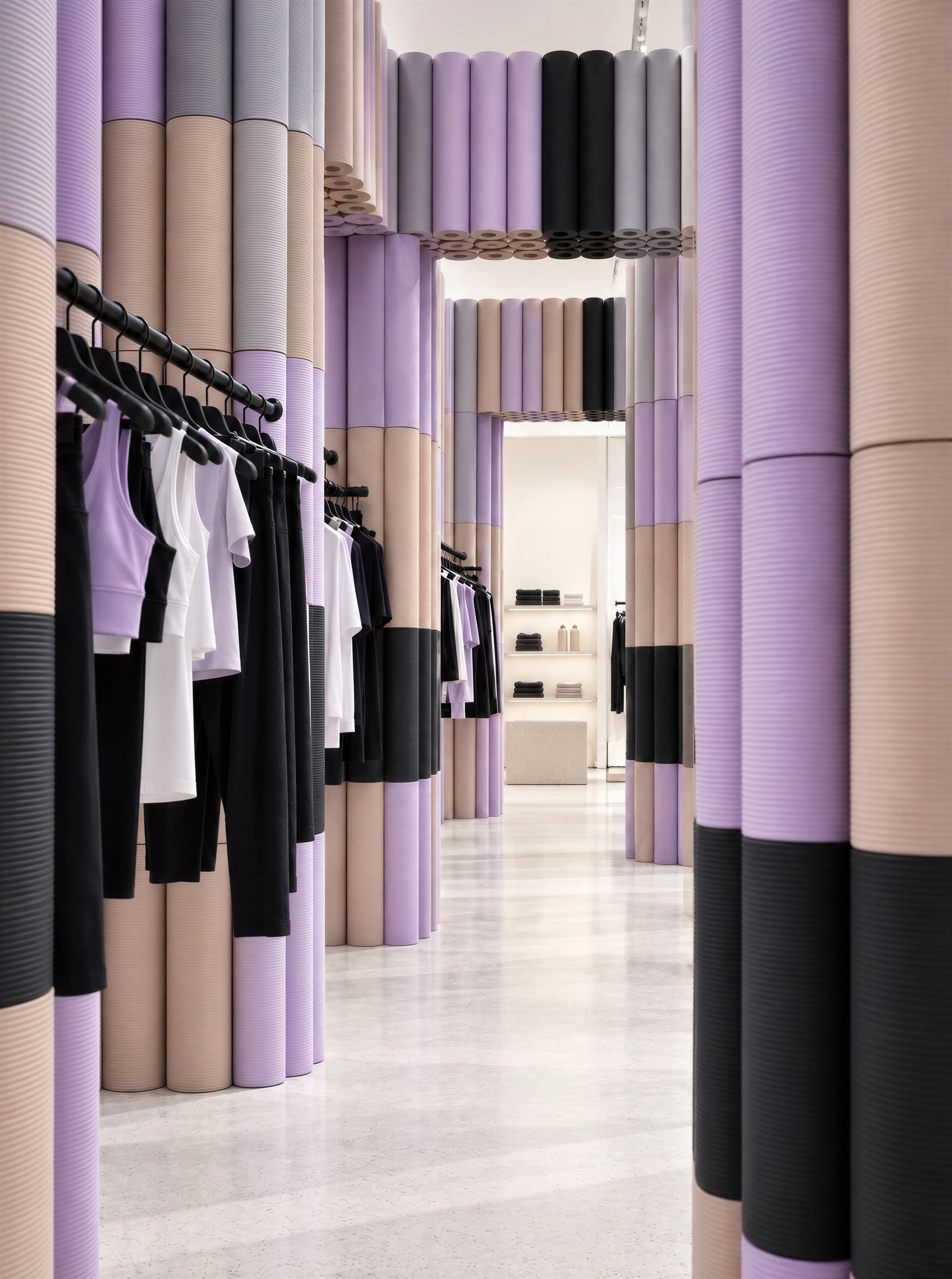 Activewear aisle framed by floor-to-ceiling columns of colour-blocked yoga mats — Spatial Design by Parallel Creative Agency — Asana Yoga & Pilates, retail