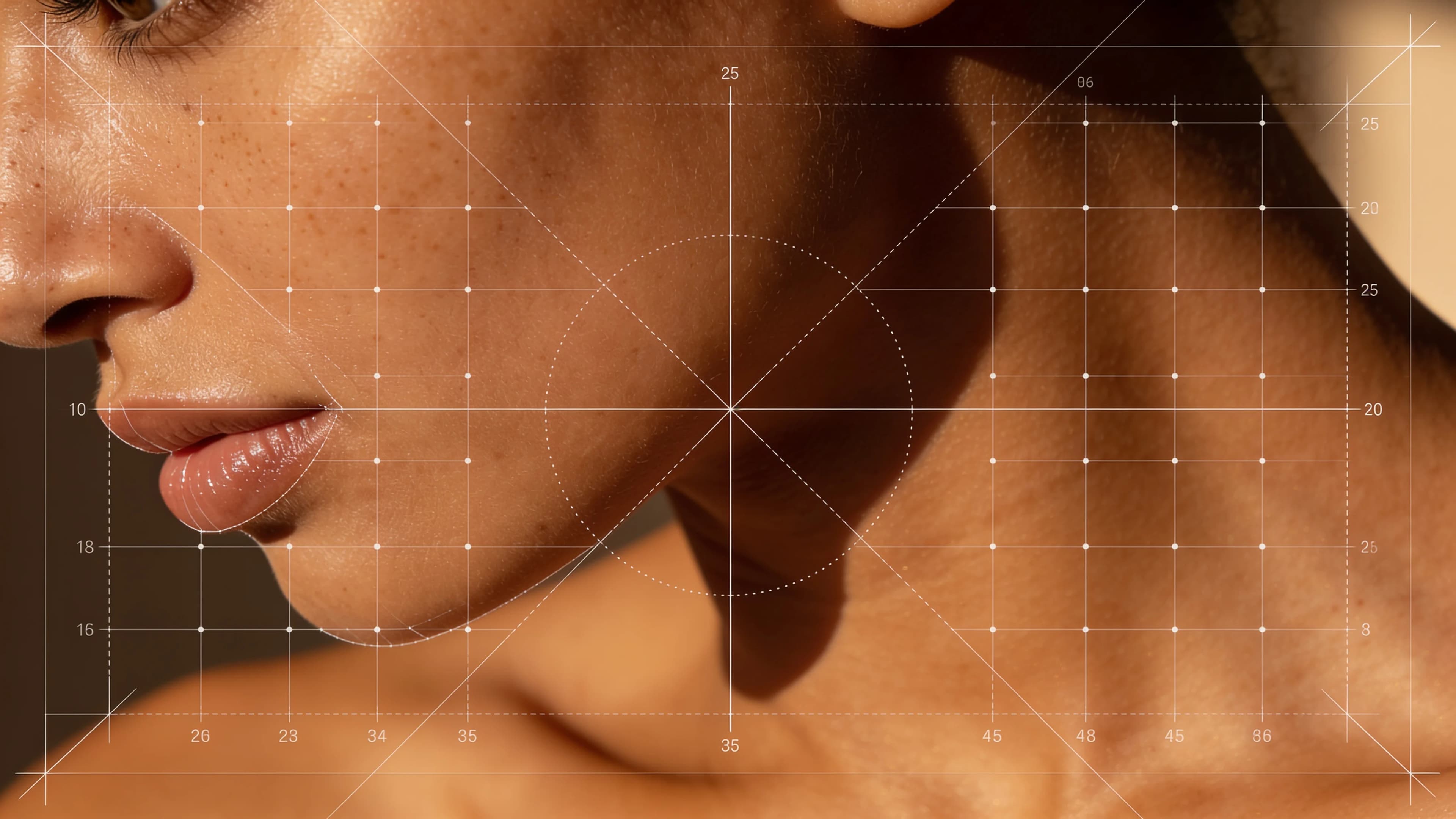 Close-up portrait with a precise dermatological mapping grid across the face and neck — Brand Design by Parallel Creative Agency — Derma, health and beauty