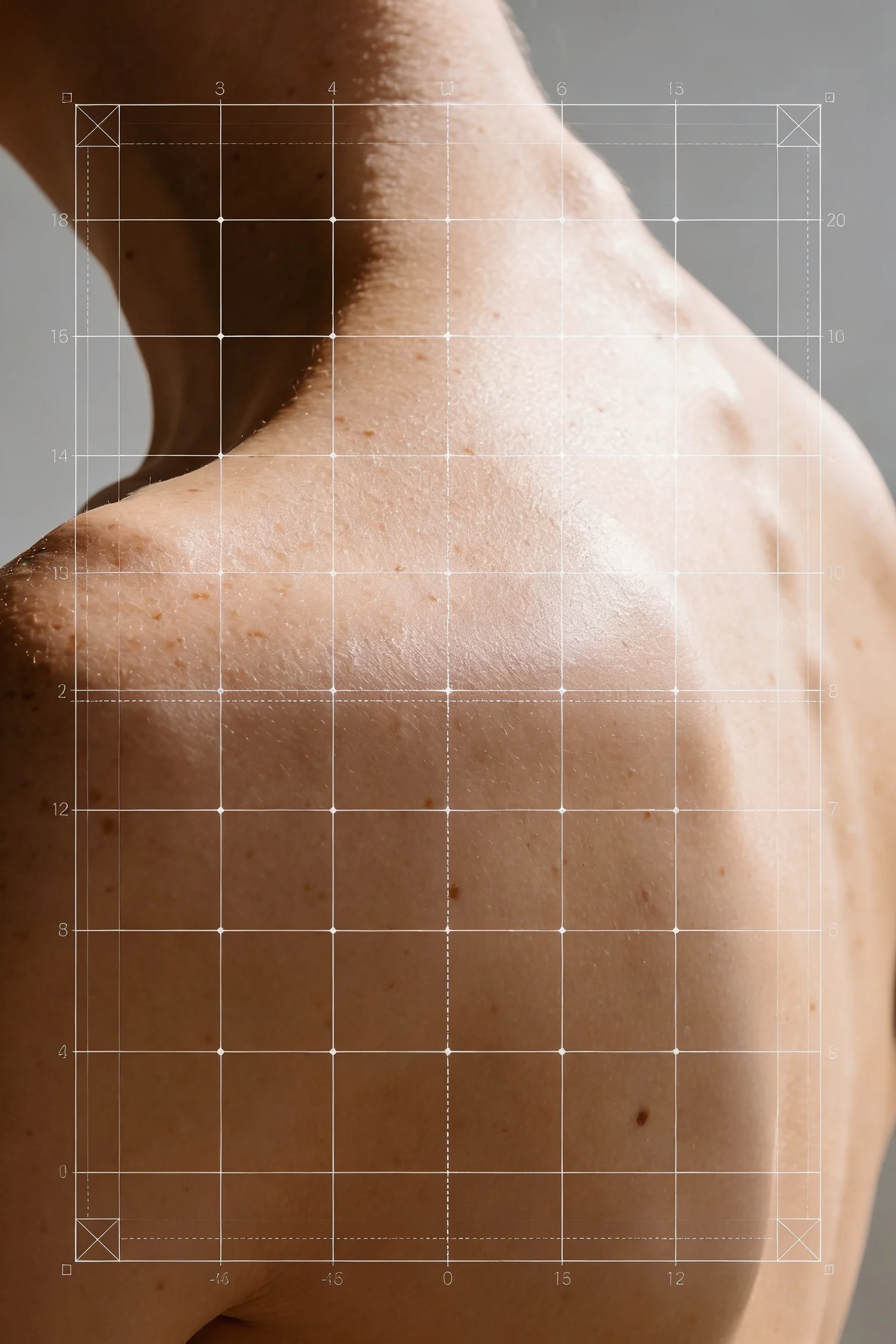 Close-up of a shoulder with a precise geometric analysis frame — Brand Design by Parallel Creative Agency — Derma, health and beauty