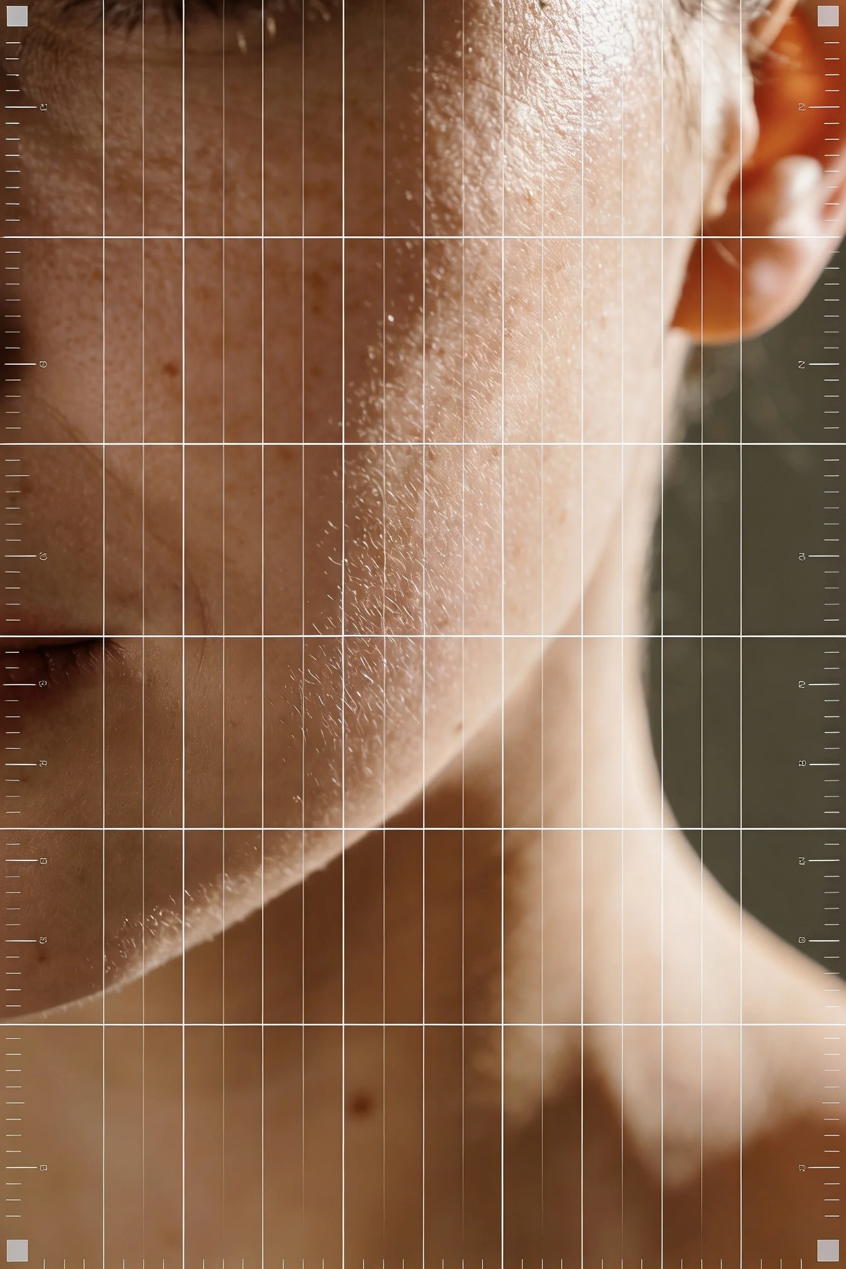 Cropped facial profile and neck beneath fine vertical skin-analysis lines — Brand Design by Parallel Creative Agency — Derma, beauty