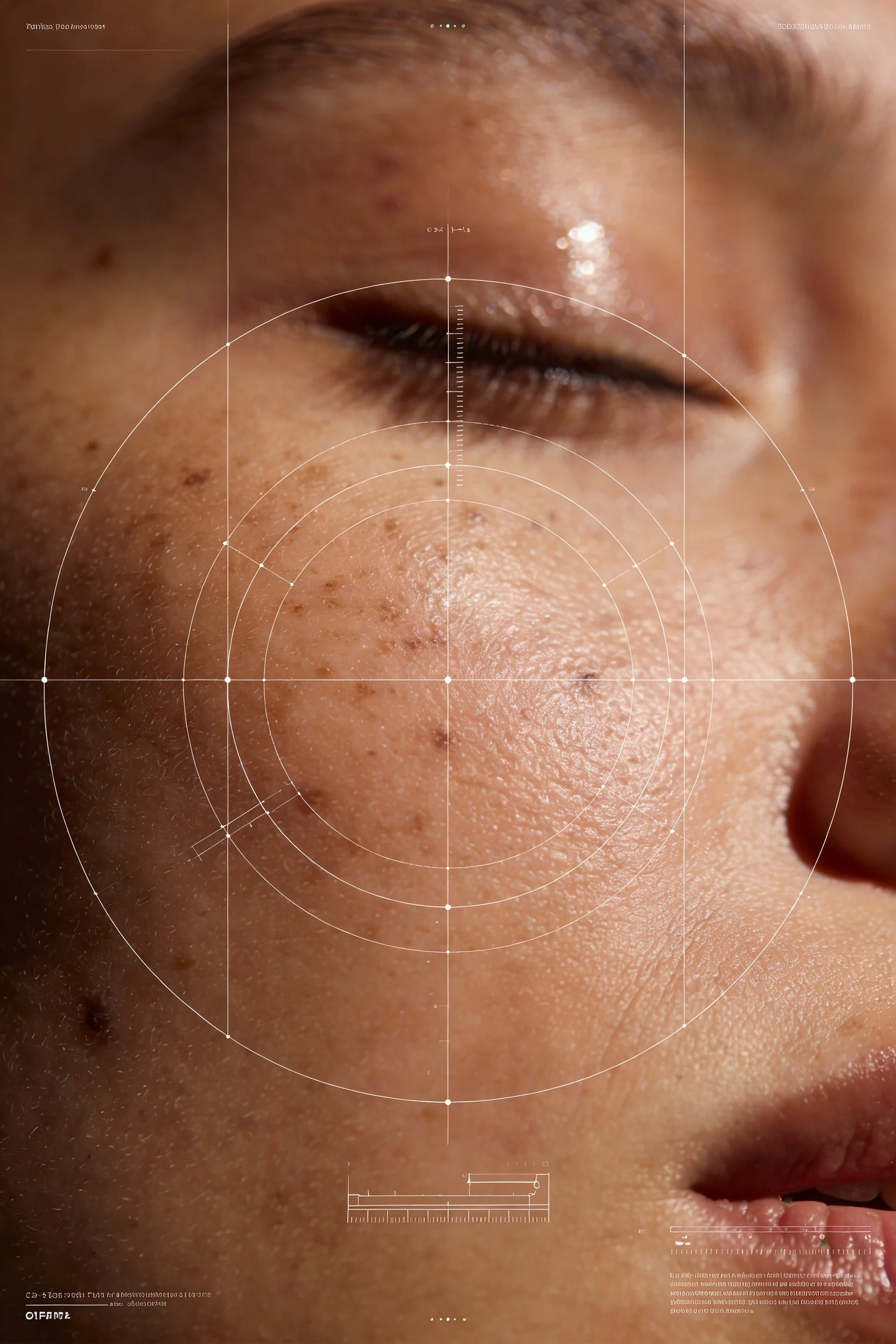 Freckled face with a circular skin-analysis graphic centred on the cheek — Digital Design by Parallel Creative Agency — Derma, health and beauty