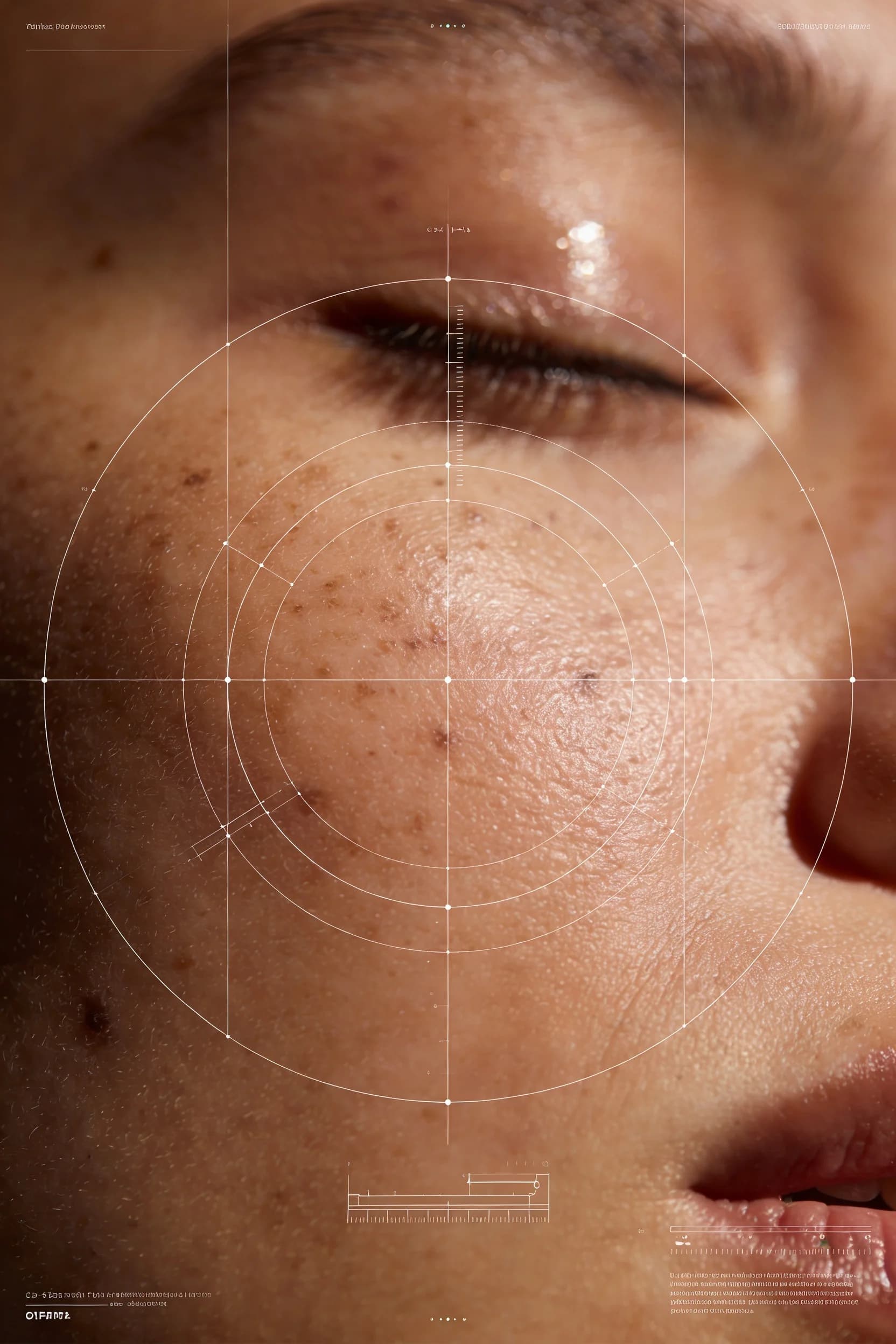 Freckled face with a circular skin-analysis graphic centred on the cheek — Digital Design by Parallel Creative Agency — Derma, health and beauty