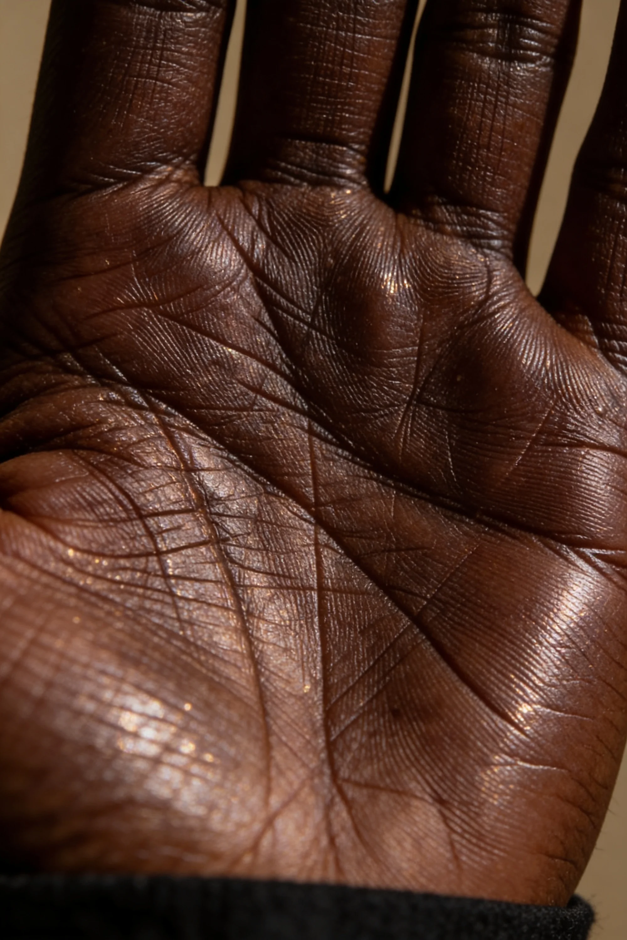 Open palm photographed as an observational study of lines, folds and skin texture — Brand Design by Parallel Creative Agency — Derma, health