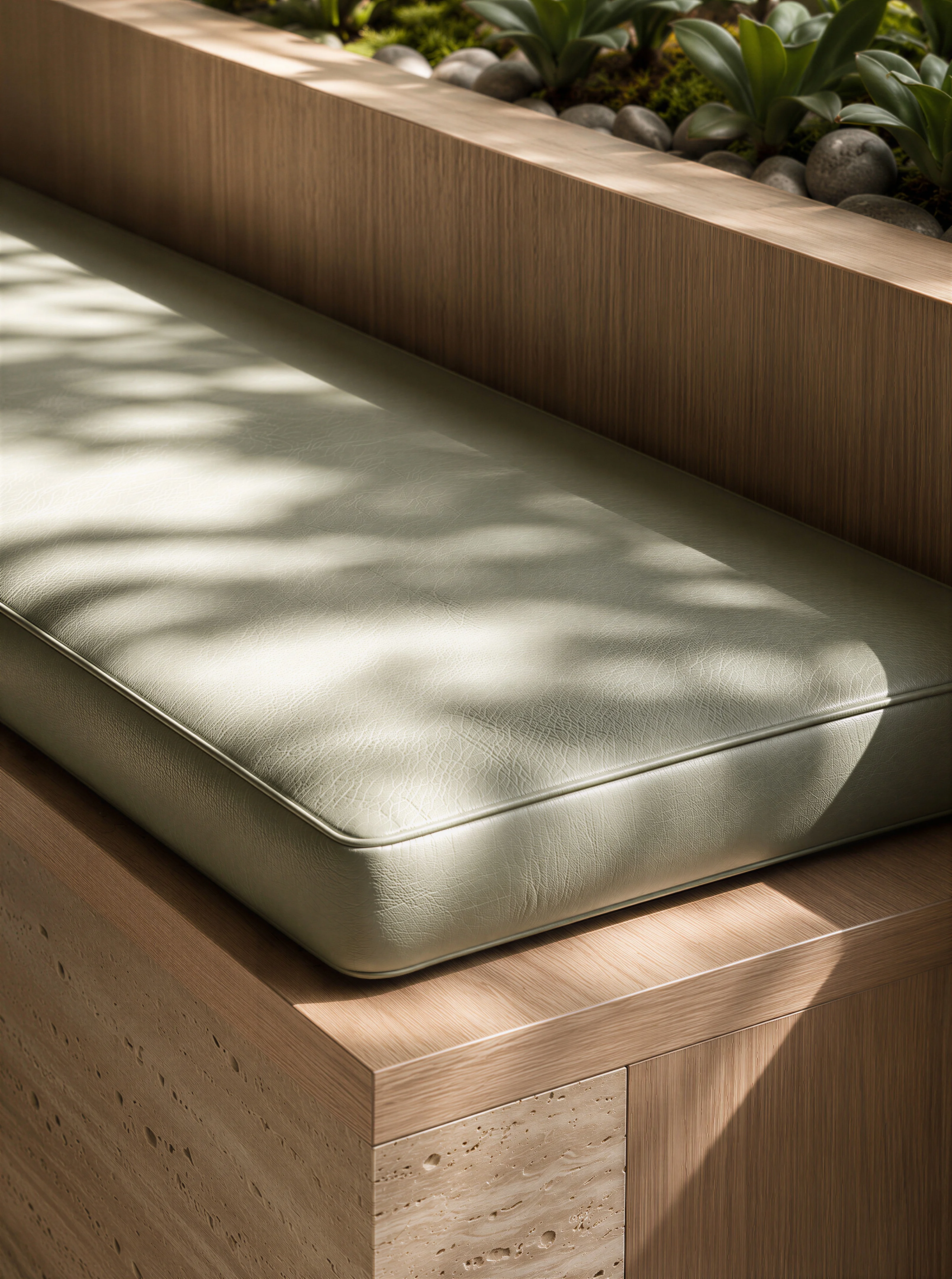 Green upholstered waiting bench integrated into warm timber joinery and planting — Spatial Design by Parallel Creative Agency — Derma, health