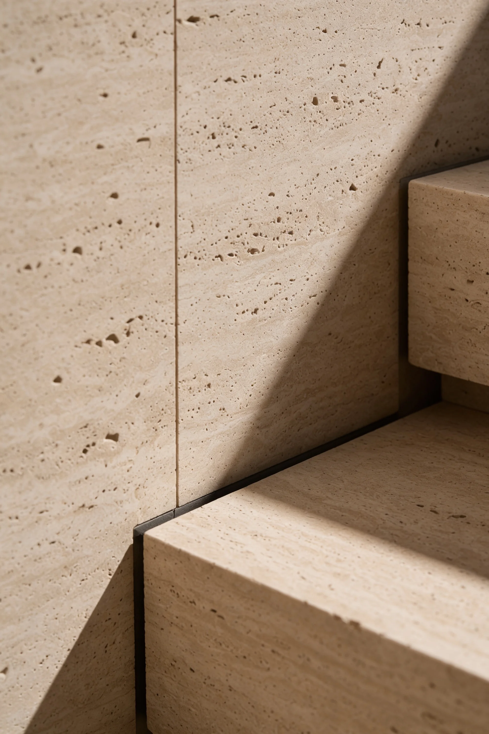 Precision junction between pale stone wall panels and stepped timber joinery — Spatial Design by Parallel Creative Agency — Derma, health