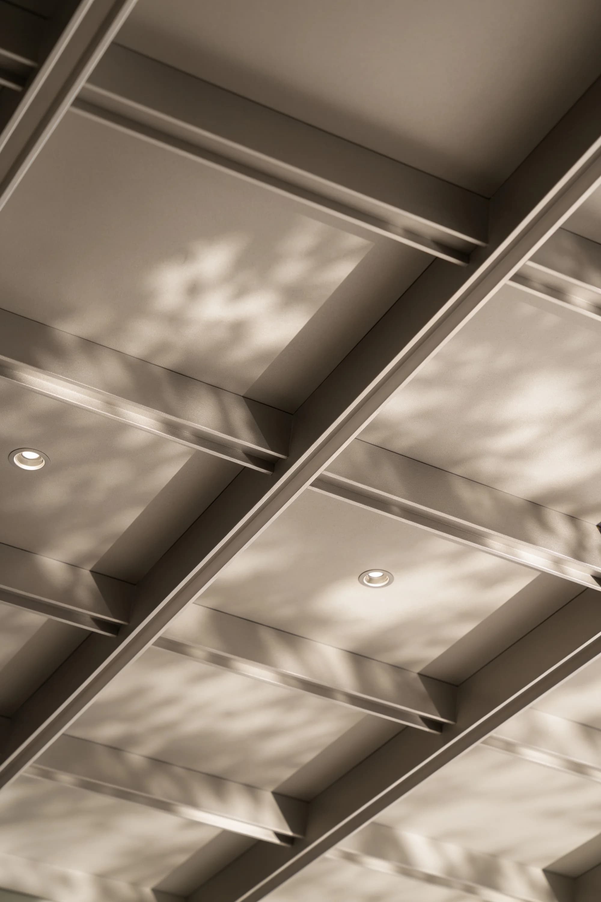 Engineered gridded ceiling with dappled natural light across metallic surfaces — Spatial Design by Parallel Creative Agency — Derma, health