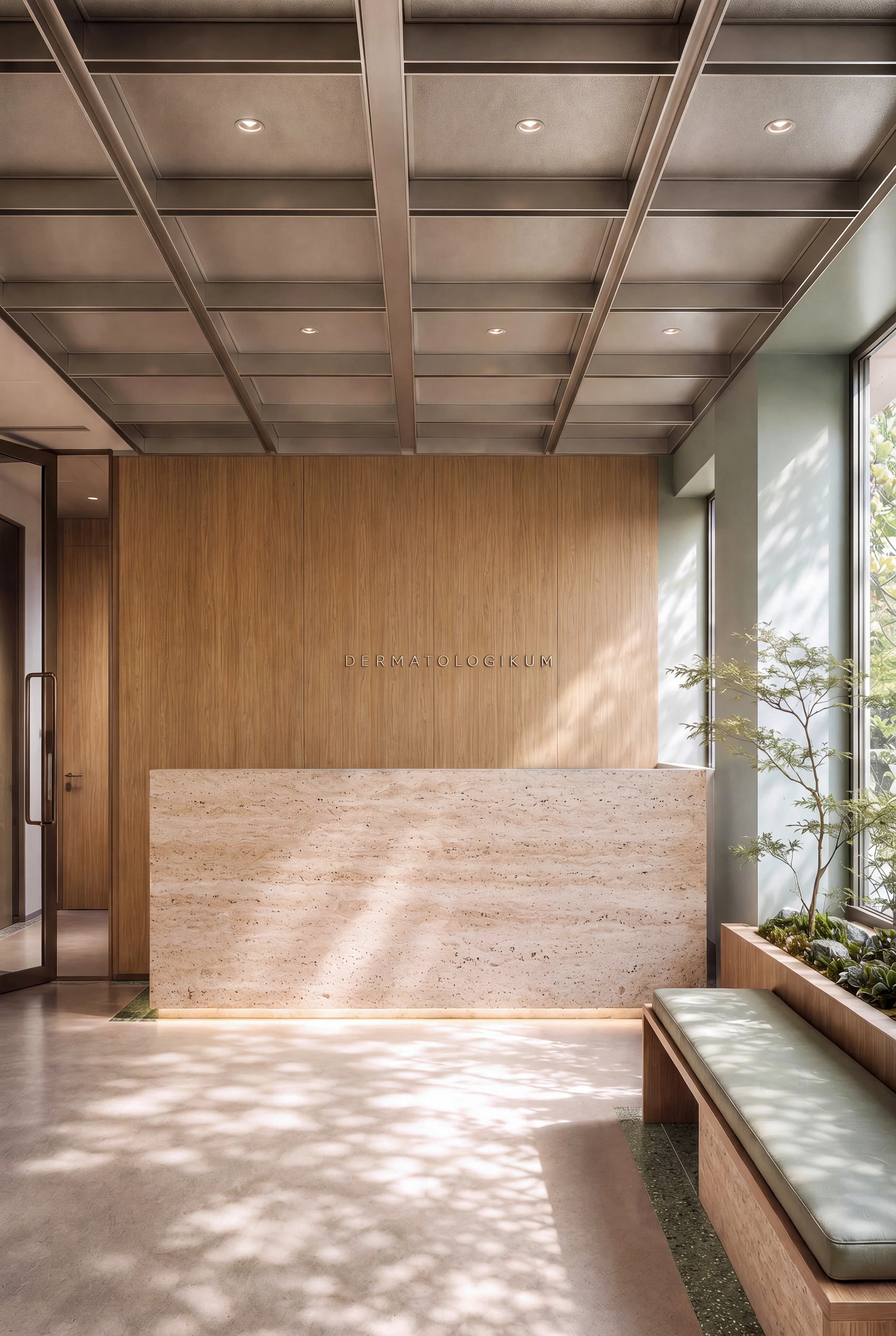 Dermatology clinic reception with timber walls, pale stone desk and green seating — Spatial Design by Parallel Creative Agency — Derma, health