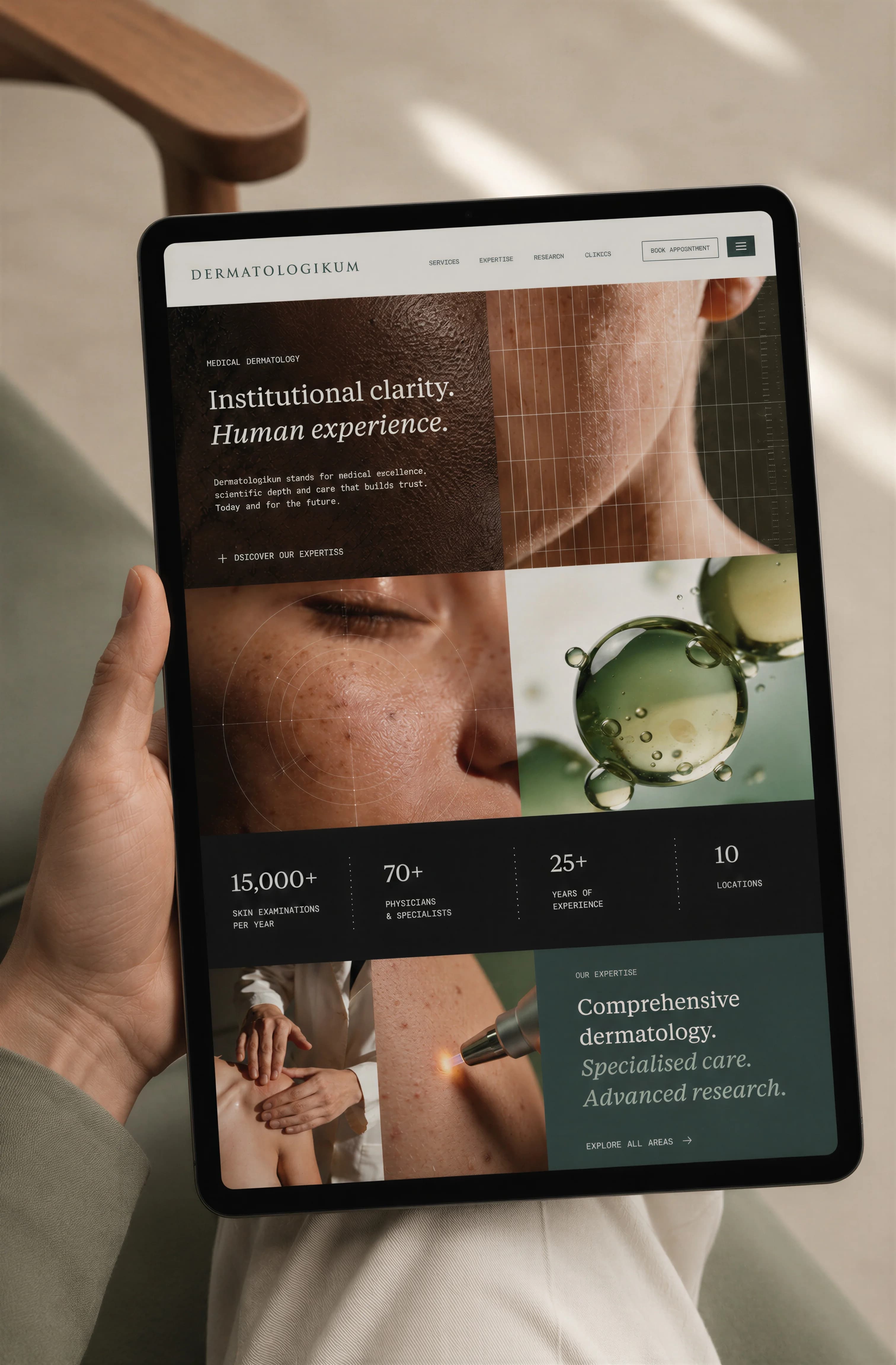 Dermatologikum website displayed on a tablet held inside the clinic — Digital Design by Parallel Creative Agency — Derma, health