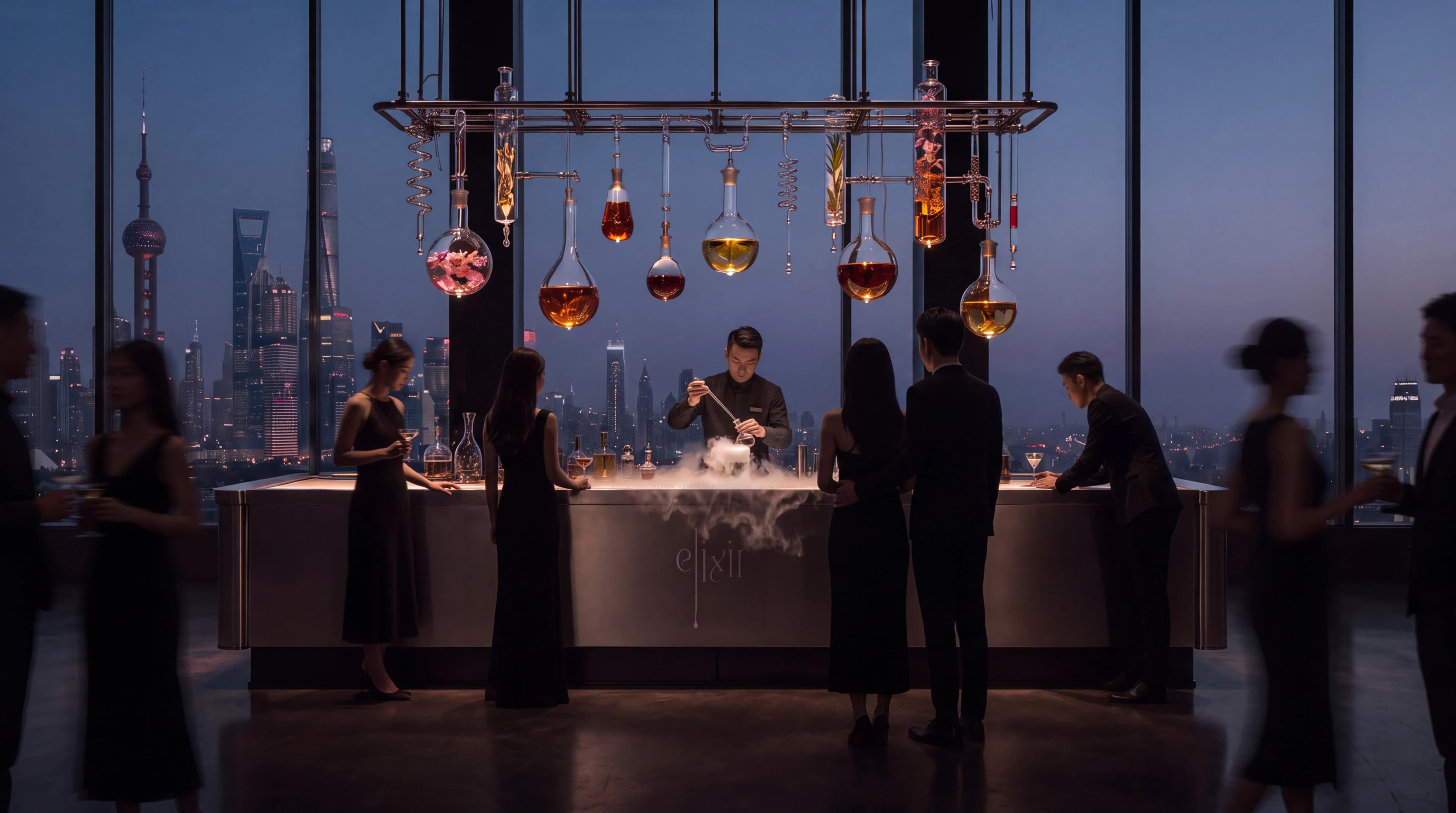 Bartender preparing drinks for guests at a high-rise cocktail bar at dusk — Experience Design by Parallel Creative Agency — Elixir, hospitality