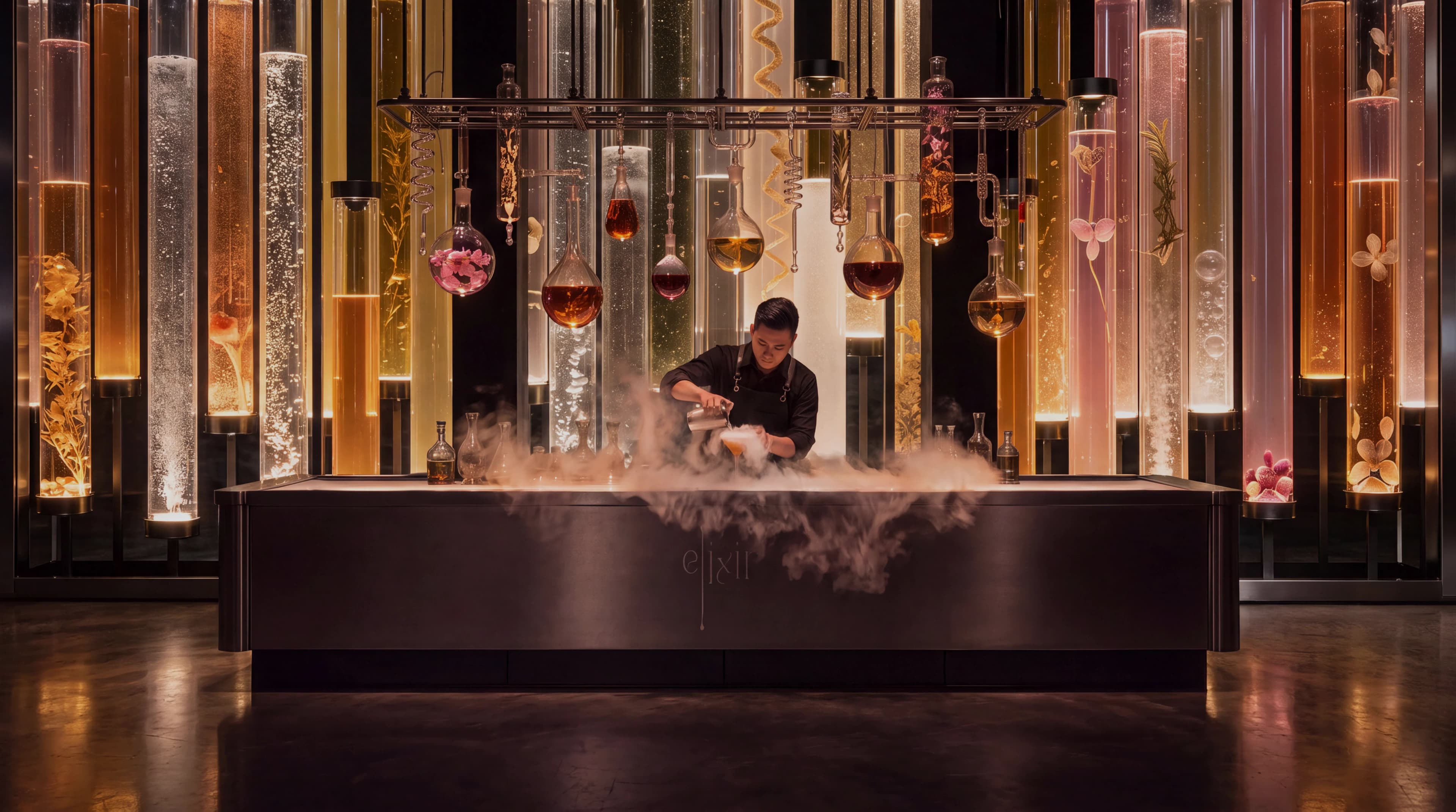 Bartender working through theatrical vapour inside an illuminated cocktail laboratory — Spatial Design by Parallel Creative Agency — Elixir, hospitality and drinks