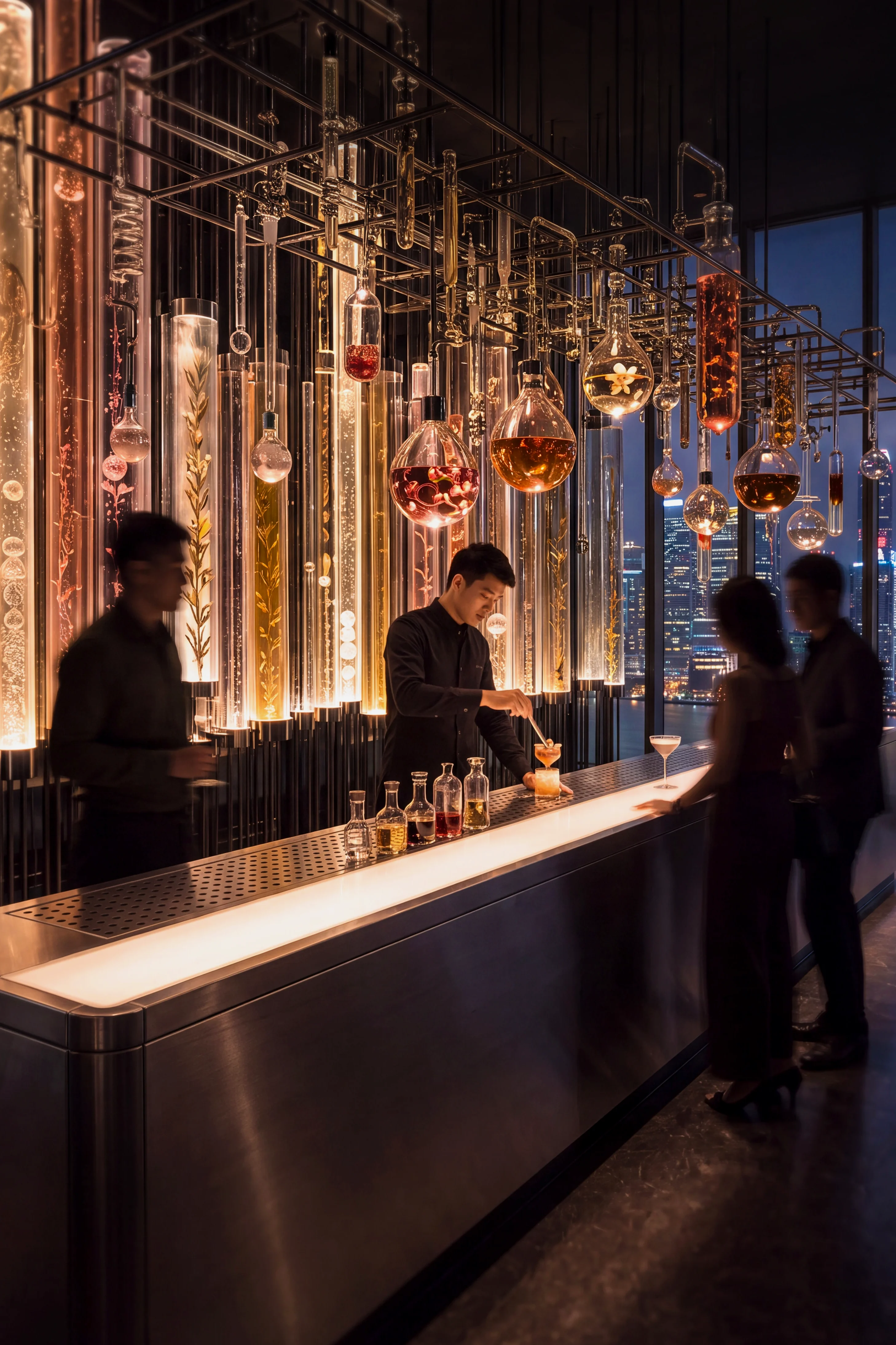 Bartenders serving guests beside a glowing technical installation in a high-rise bar — Experience Design by Parallel Creative Agency — Elixir, hospitality