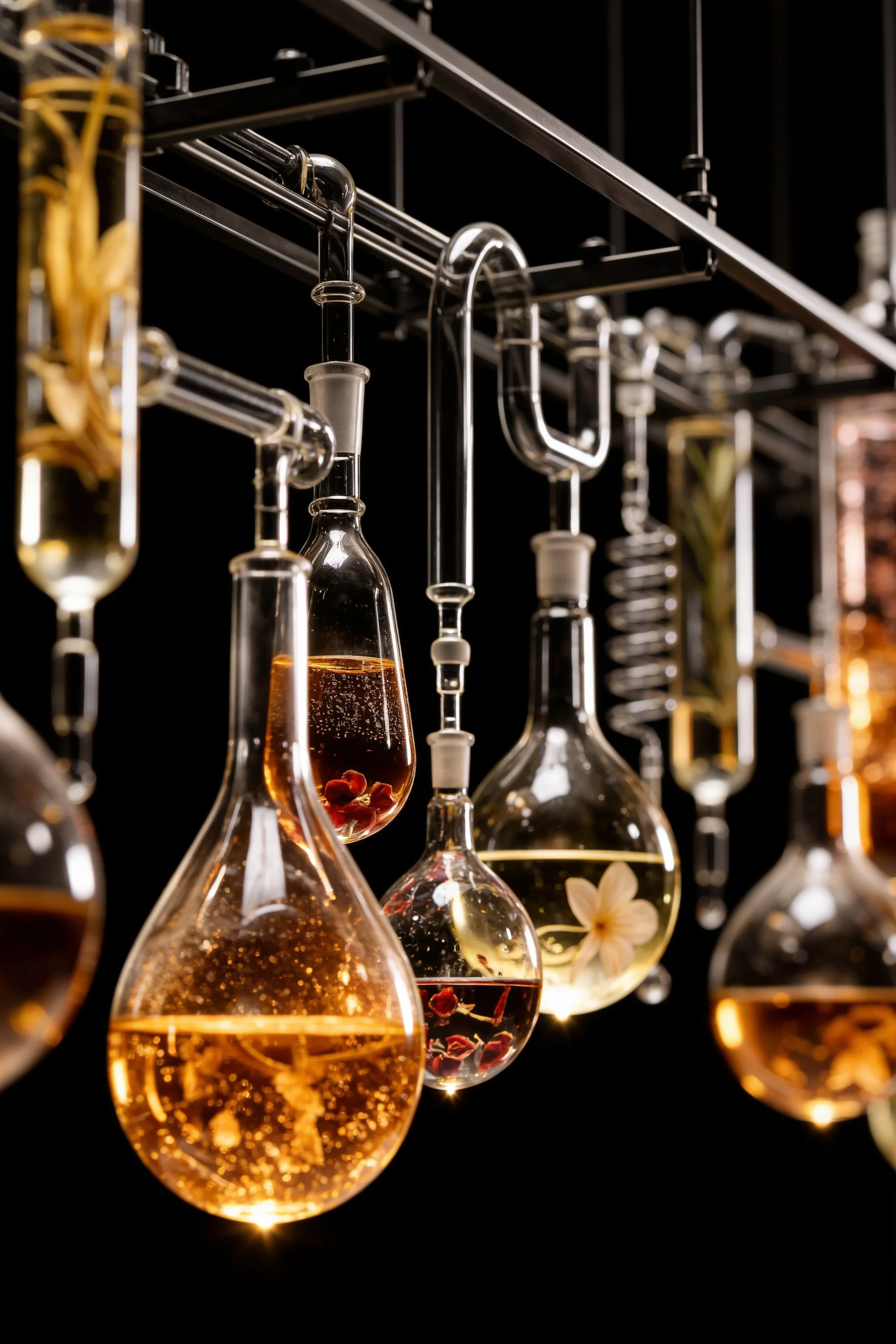 Close-up of suspended flasks and droppers holding botanical spirit infusions — Product Design by Parallel Creative Agency — Elixir, drinks