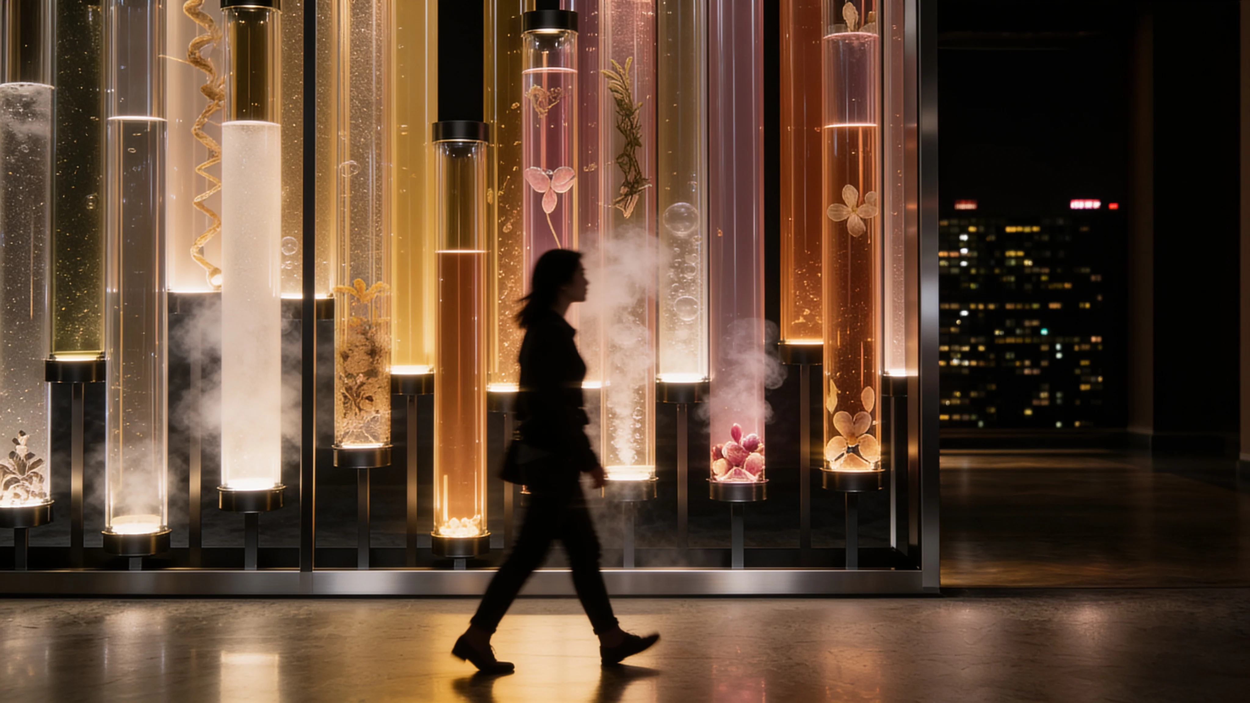 Silhouette passing a wall of illuminated botanical tubes in amber, pink and gold — Spatial Design by Parallel Creative Agency — Elixir, hospitality