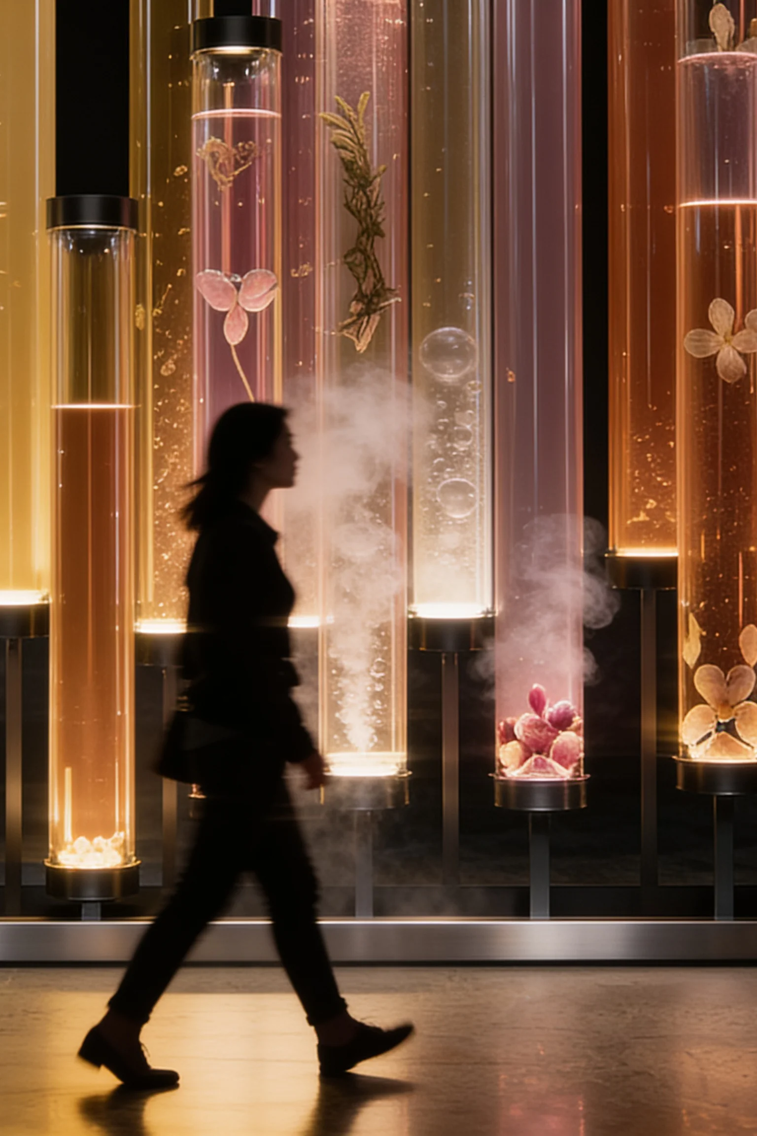 Silhouetted guest framed by illuminated tubes containing flowers and cocktail ingredients — Experience Design by Parallel Creative Agency — Elixir, hospitality