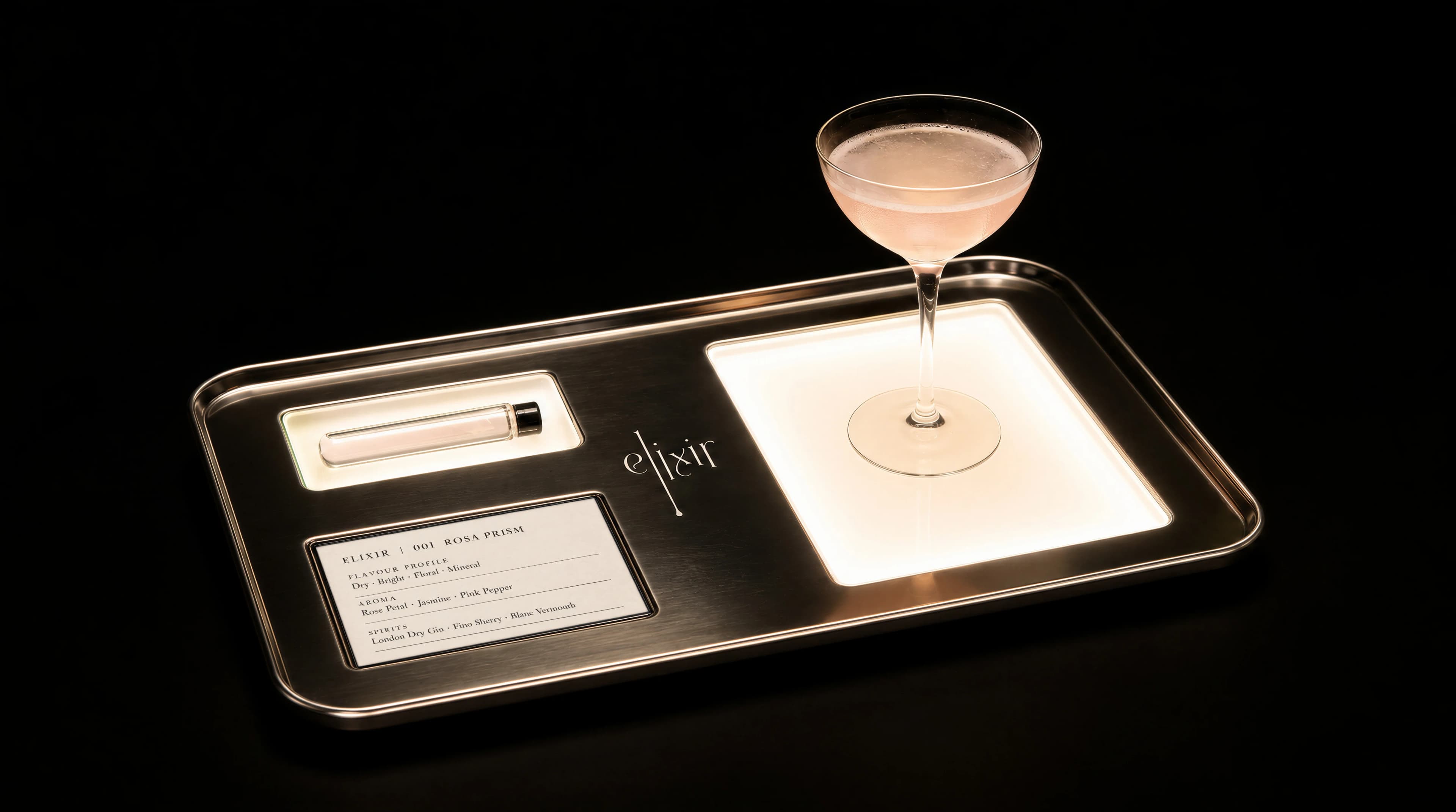 Pale cocktail presented on an illuminated metal tray with a personalised recipe card — Product Design by Parallel Creative Agency — Elixir, drinks