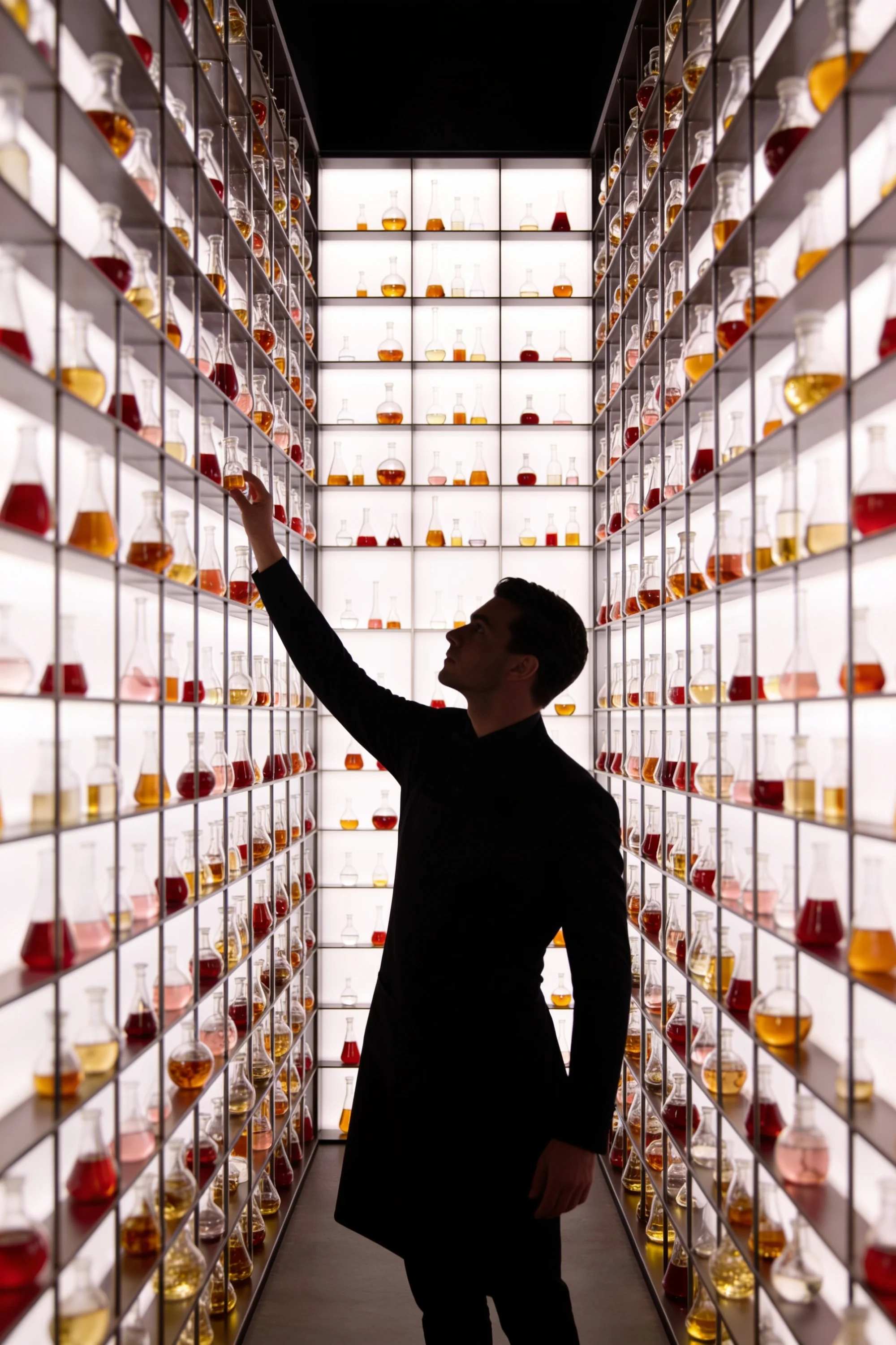 Guest reaching toward a wall of backlit vessels filled with coloured spirits — Experience Design by Parallel Creative Agency — Elixir, drinks