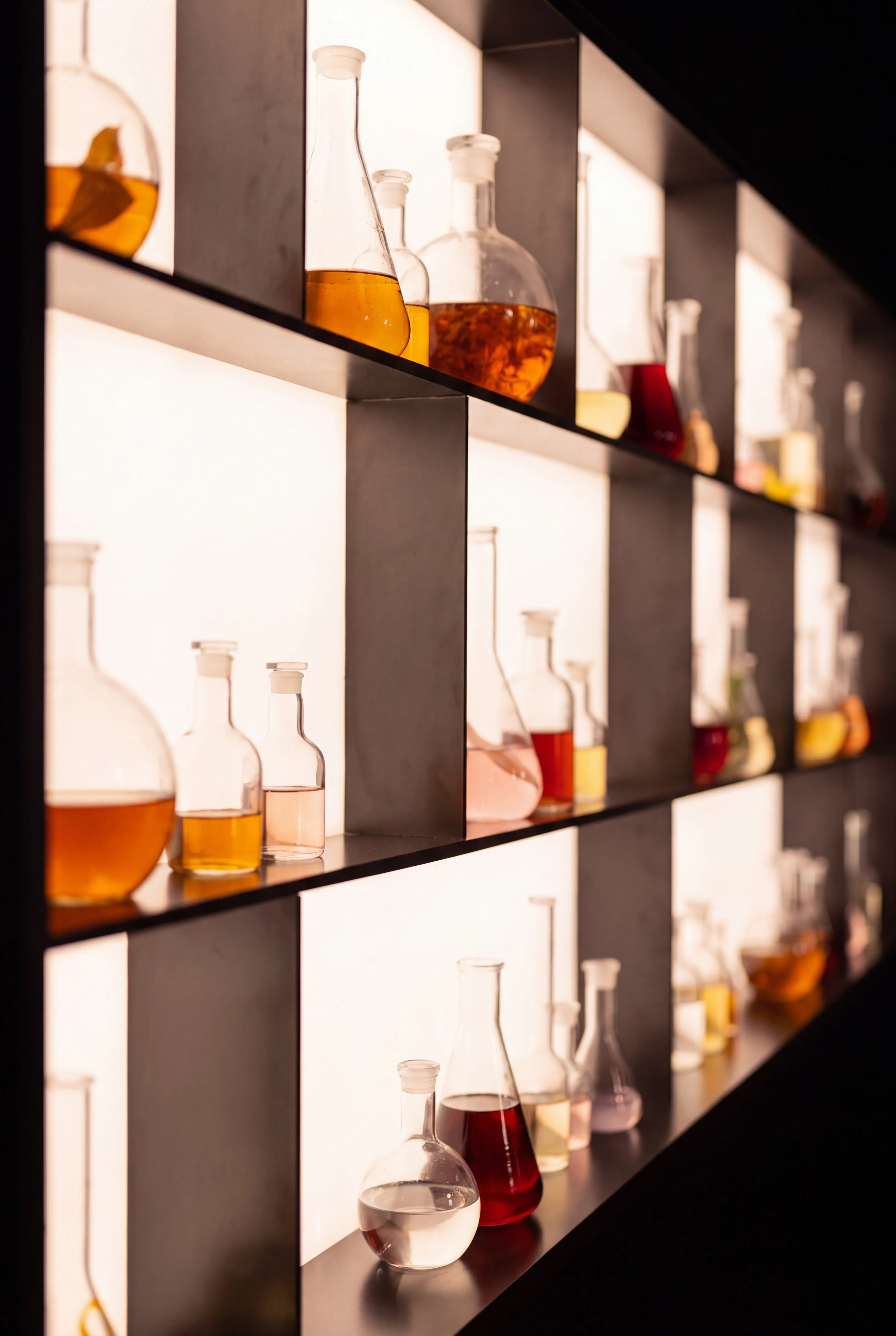 Close view along backlit shelves of glass vessels filled with cocktail ingredients — Spatial Design by Parallel Creative Agency — Elixir, hospitality and drinks