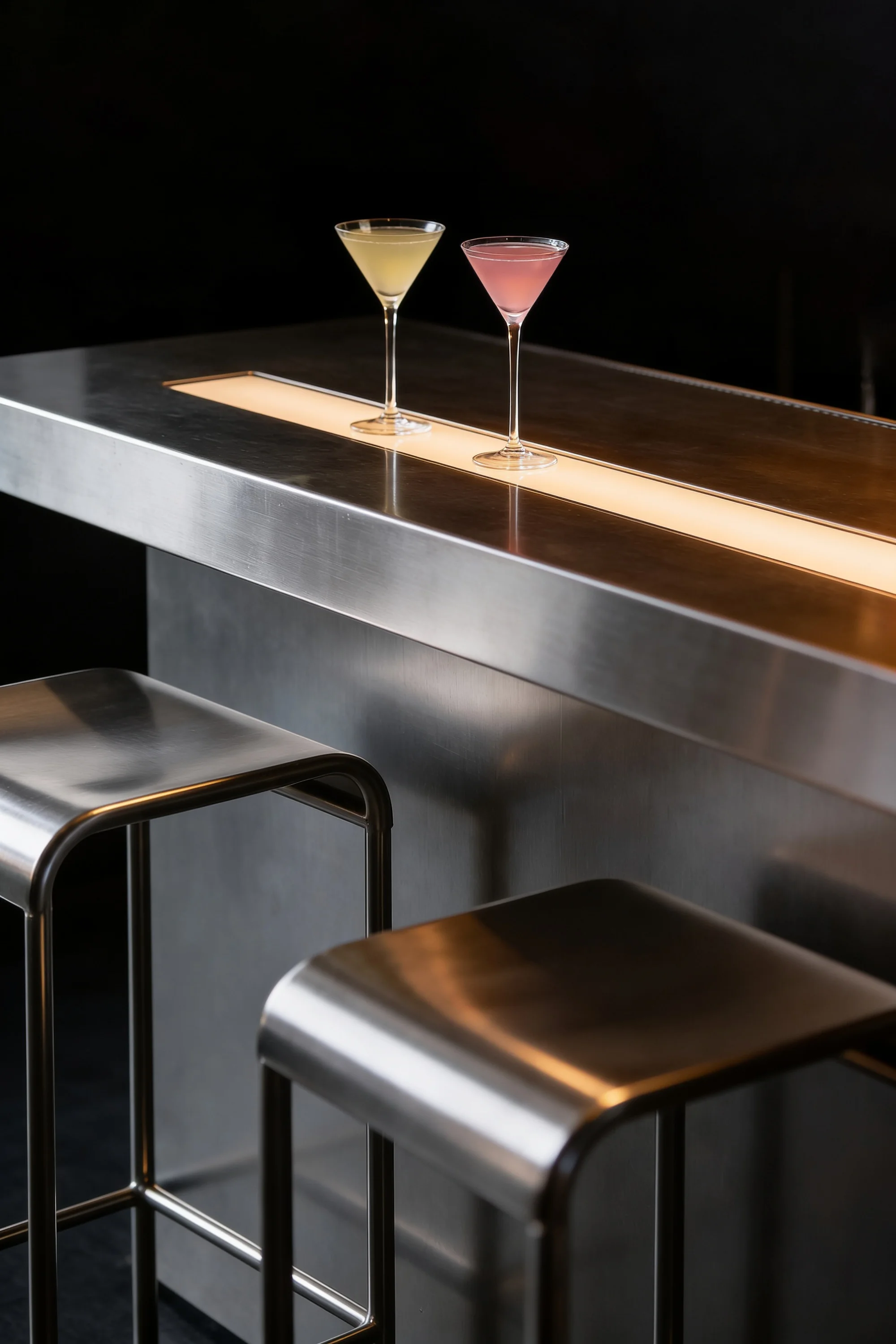 Vertical view of metallic bar seating and two cocktails on a linear illuminated counter — Spatial Design by Parallel Creative Agency — Elixir, hospitality