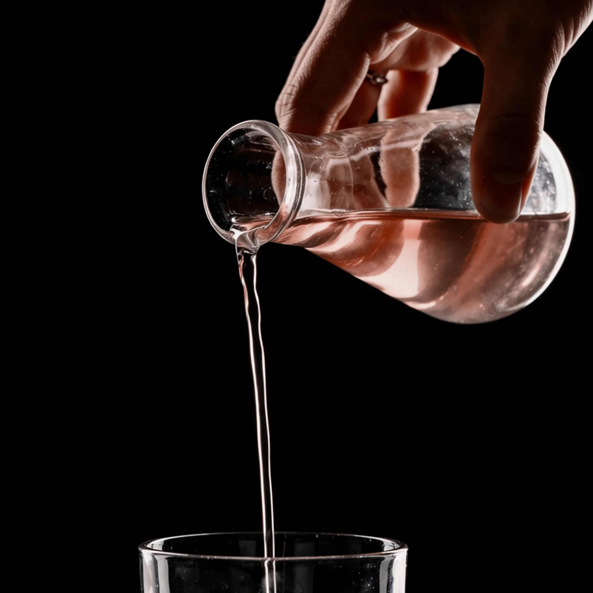Clear cocktail ingredient poured in a controlled stream from a glass measuring vessel — Product Design by Parallel Creative Agency — Elixir, drinks