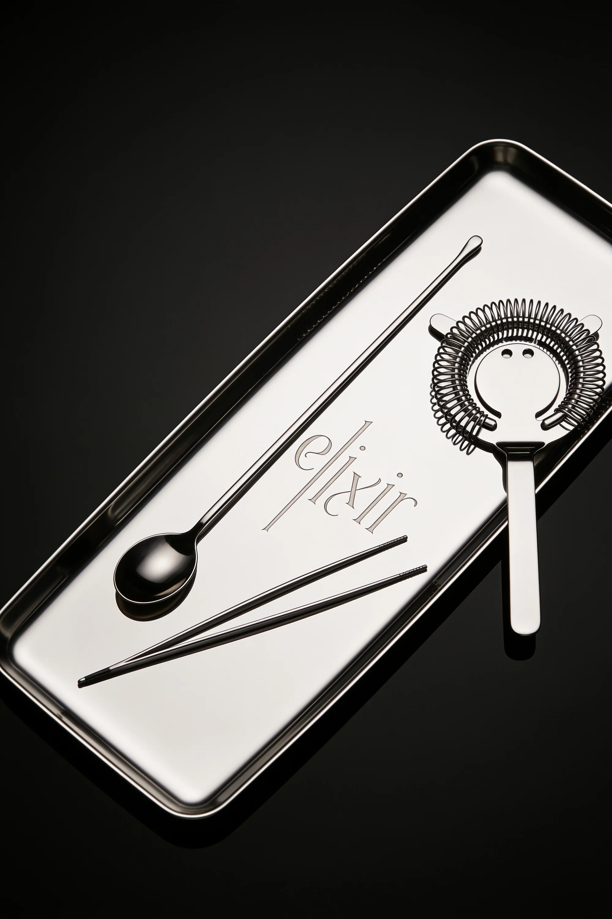 Black cocktail spoon, jigger and strainer arranged on a branded metal tray — Product Design by Parallel Creative Agency — Elixir, drinks