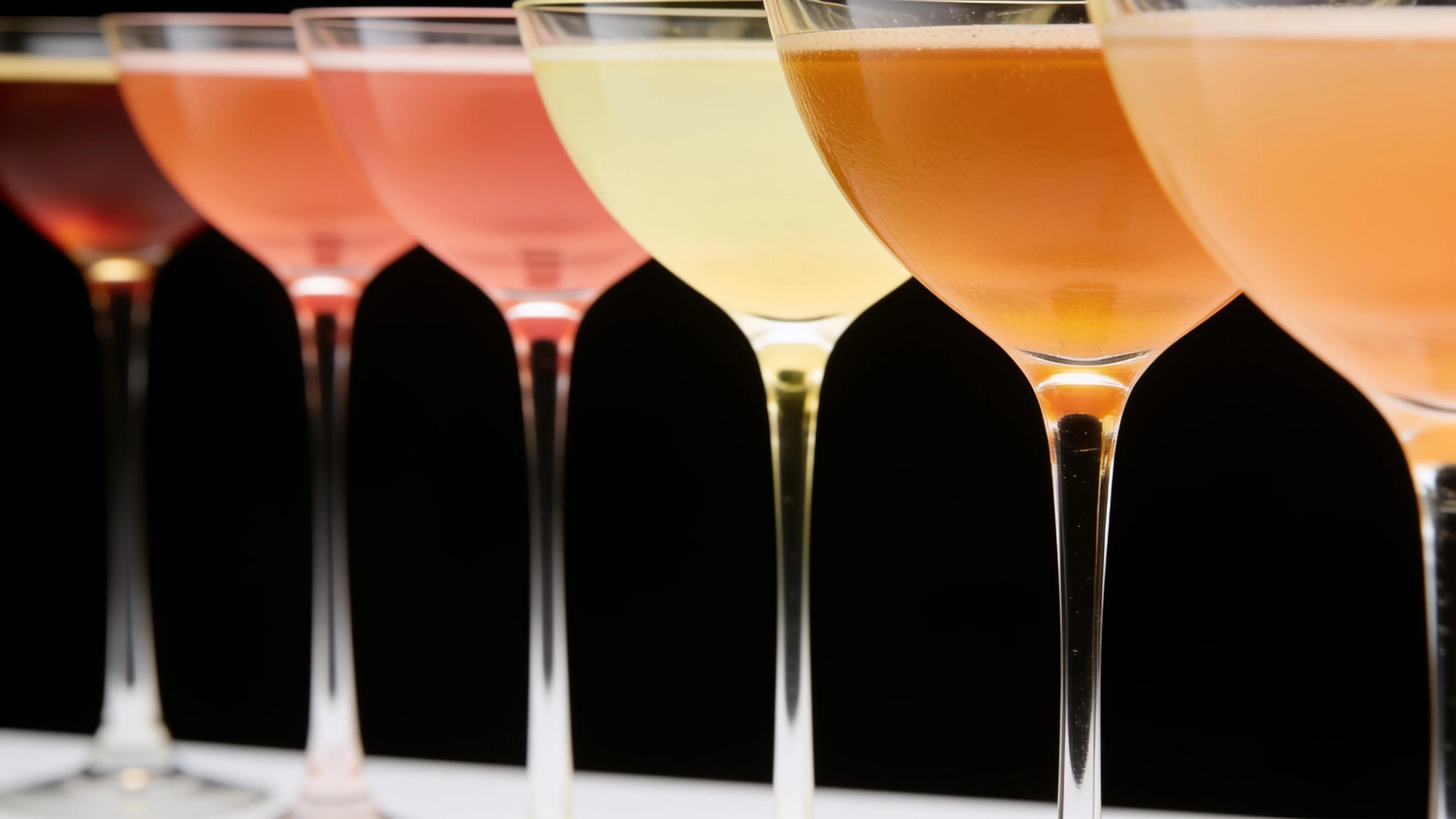 Close-up of colourful coupe cocktails arranged in a precise linear sequence — Product Design by Parallel Creative Agency — Elixir, drinks