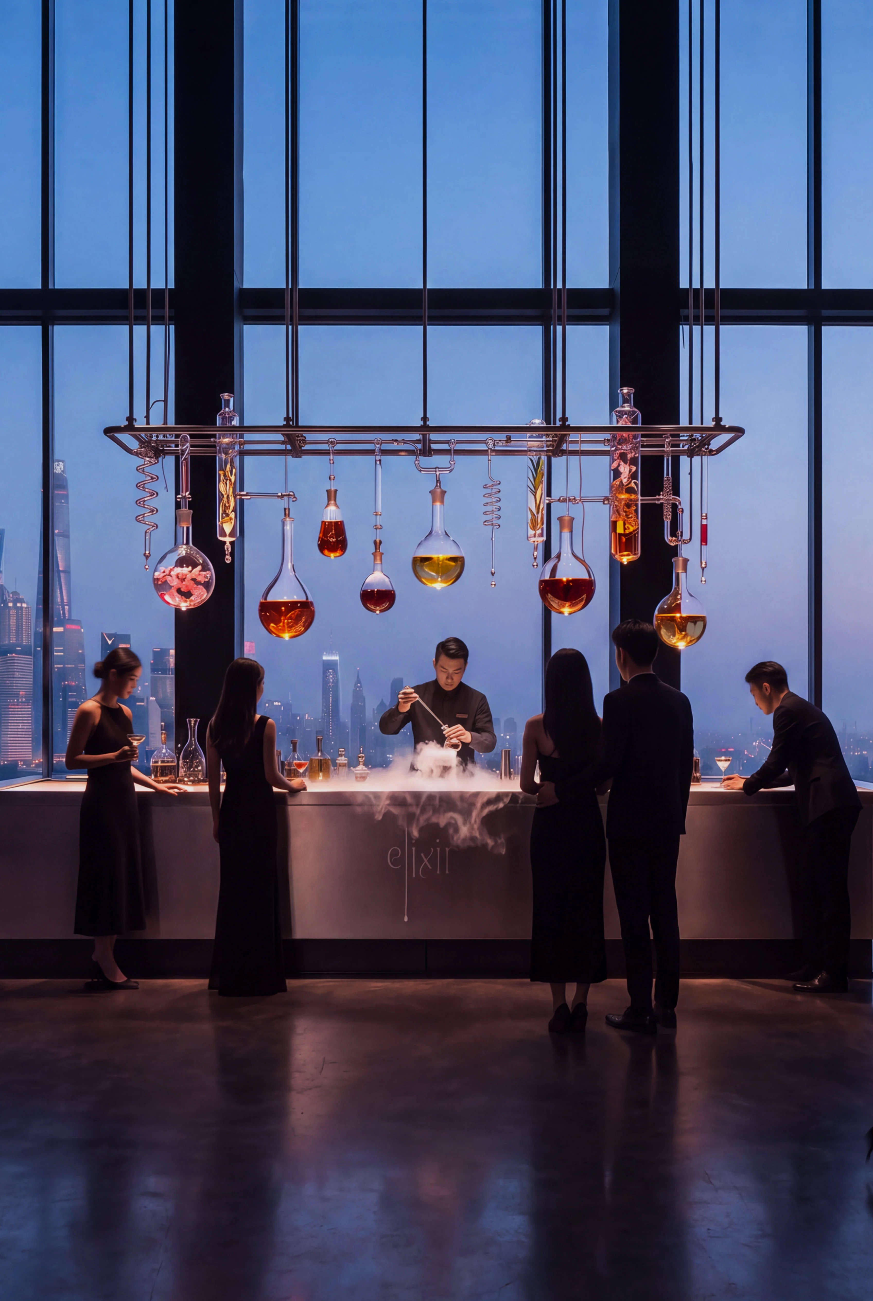 Bartender creating a theatrical cocktail beneath suspended glass vessels as guests gather overlooking an Asian city skyline — Experience Design by Parallel Creative Agency — Elixir, hospitality and drinks