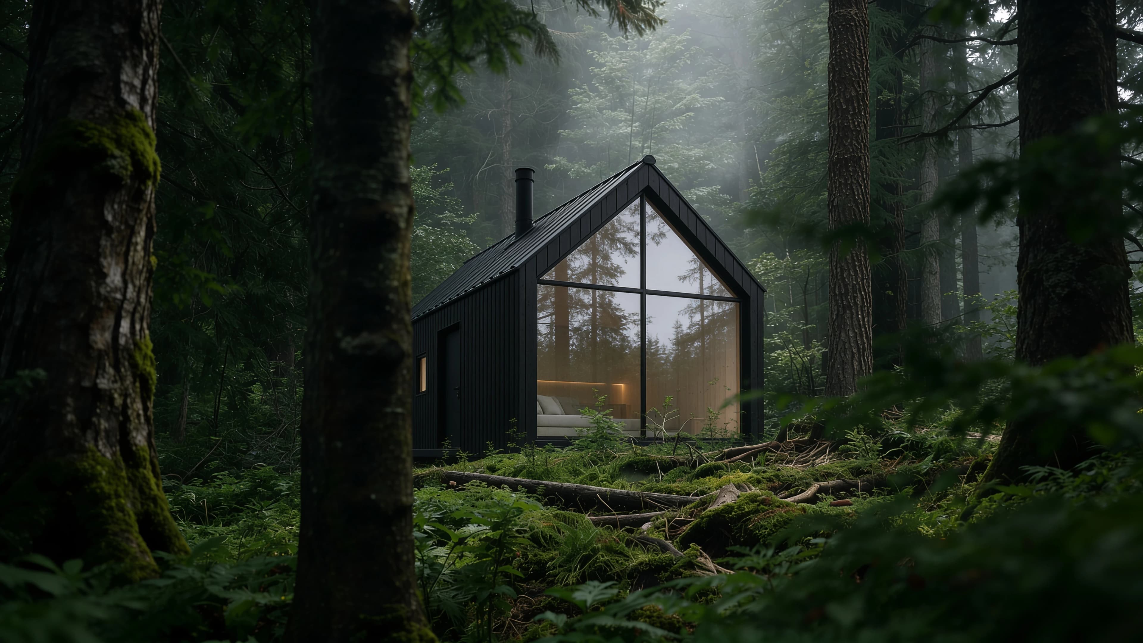 Glass-fronted rainforest retreat glowing among mossy trees as a distinctive crypto hospitality destination — Spatial Design by Parallel Creative Agency — Kabin