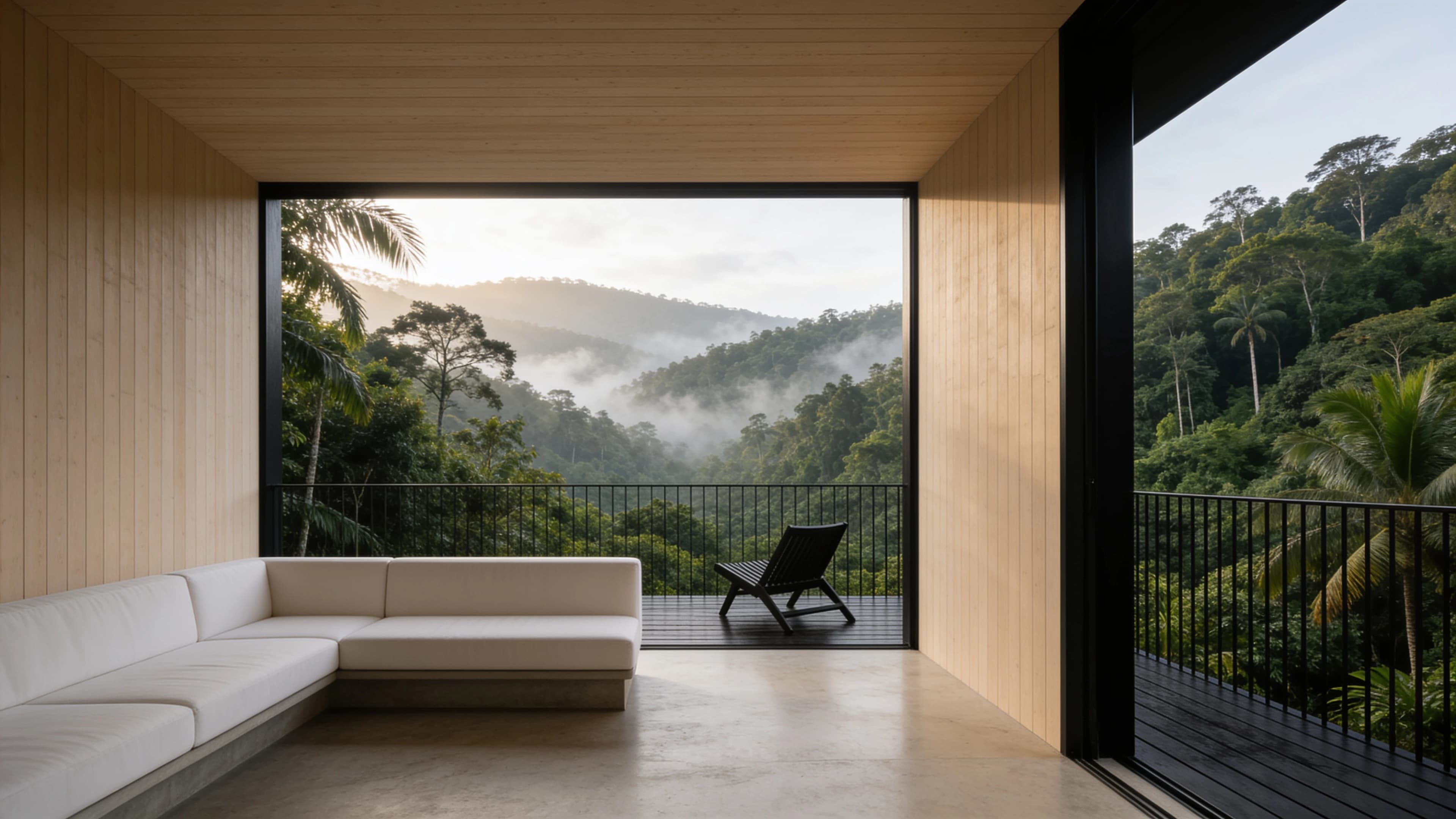 Open-plan micro home lounge with minimalist furniture and panoramic views across a misty forest — Interior Design by Parallel Creative Agency — Kabin, getaway
