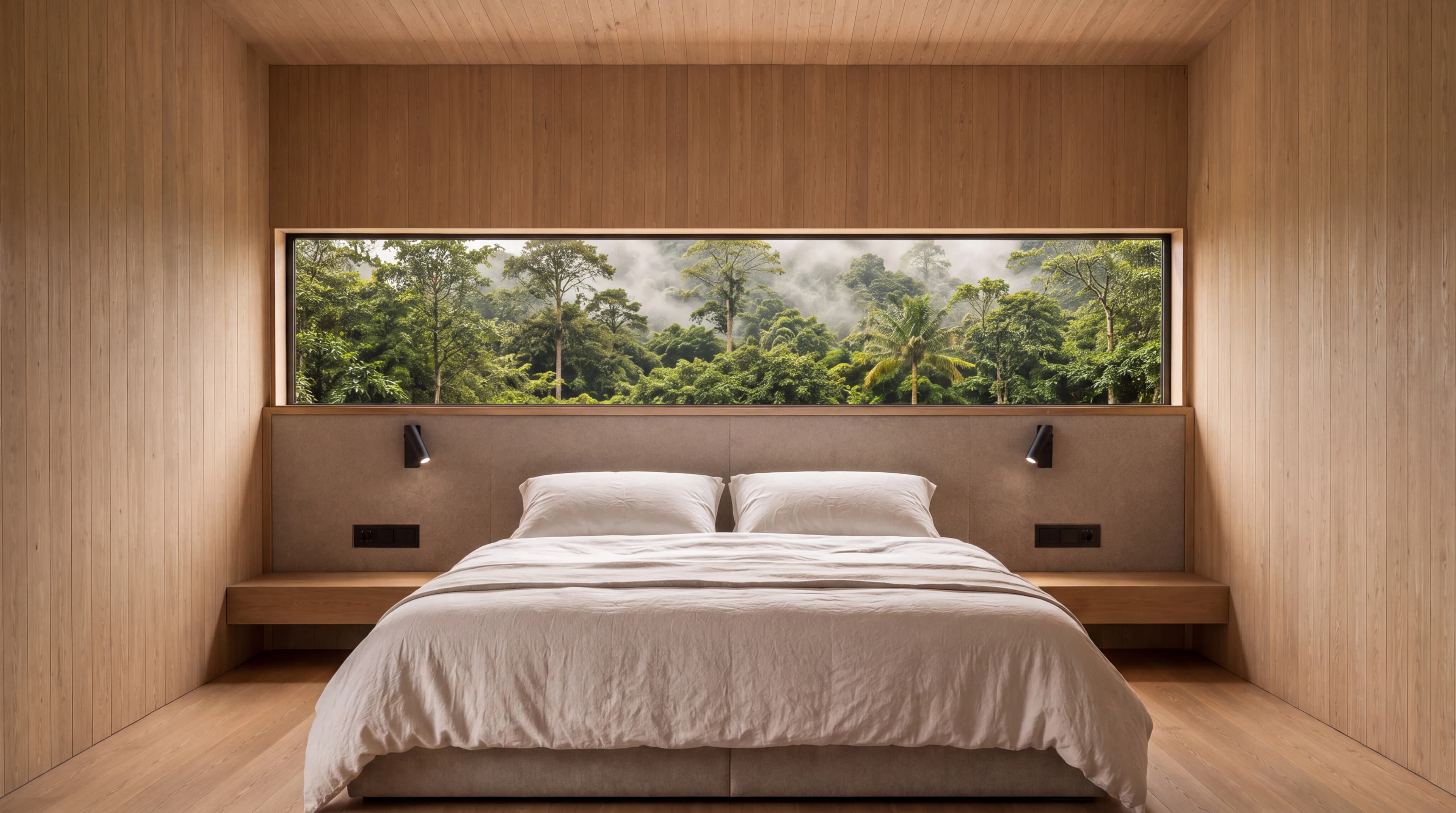 Timber bedroom with a wide forest window designed for a scalable cabin franchise and short nature stays — Interior Design by Parallel Creative Agency — Kabin