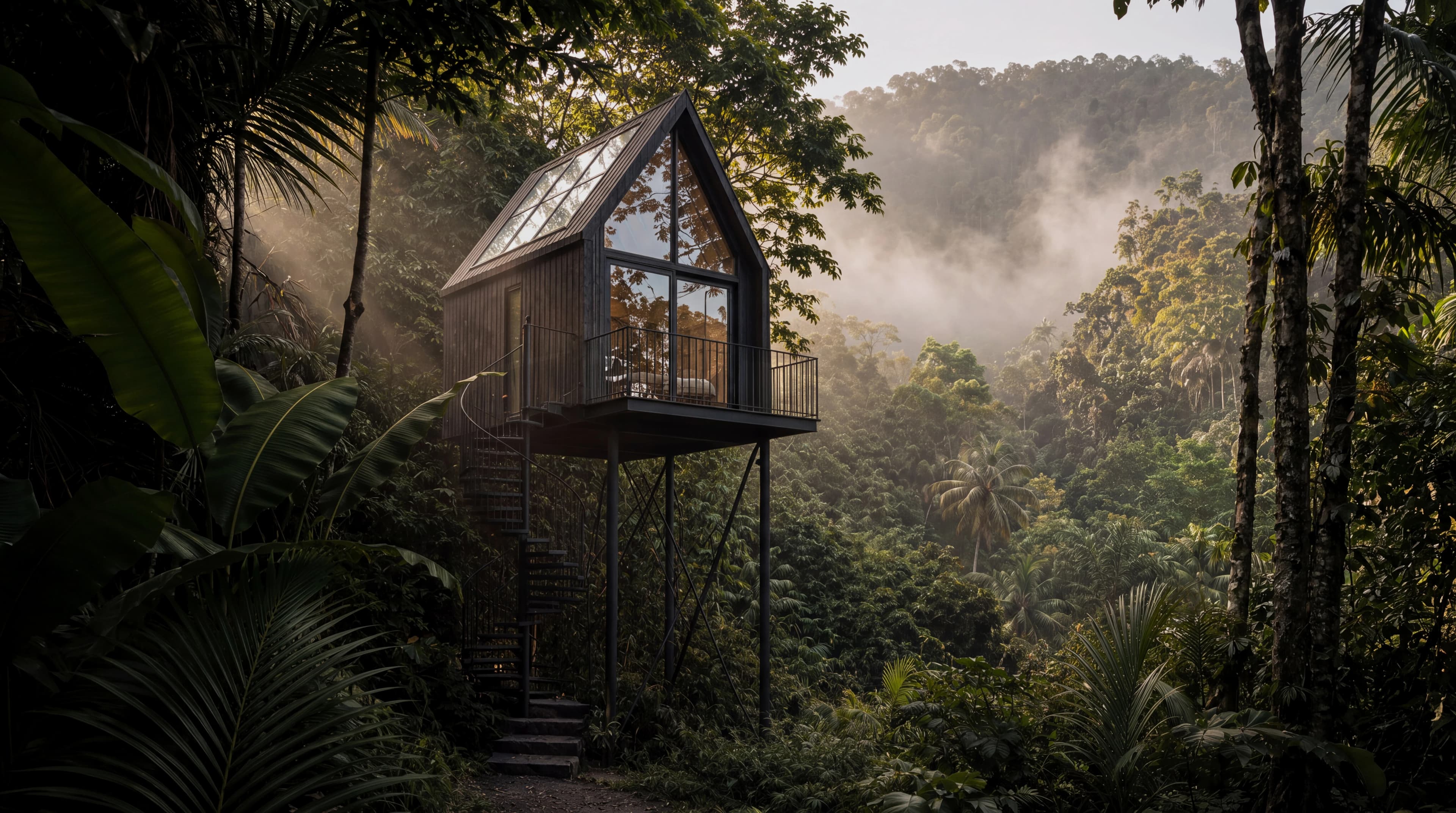 Elevated glass cabin among tropical foliage, combining modern cabin design with immersive outdoor stays — Spatial Design by Parallel Creative Agency — Kabin