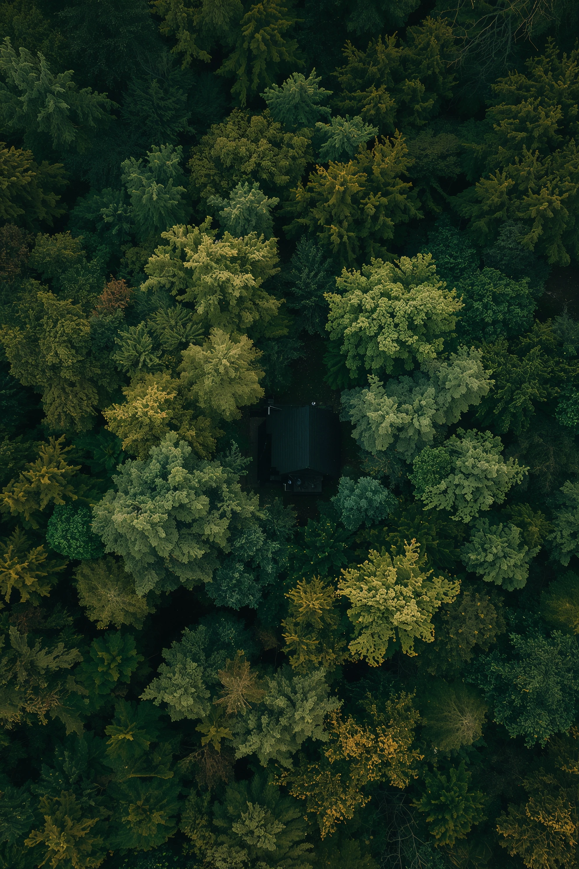 Top-down view of a dark cabin concealed beneath dense forest canopy for a nature-stay booking platform — Spatial Design by Parallel Creative Agency — Kabin, tech