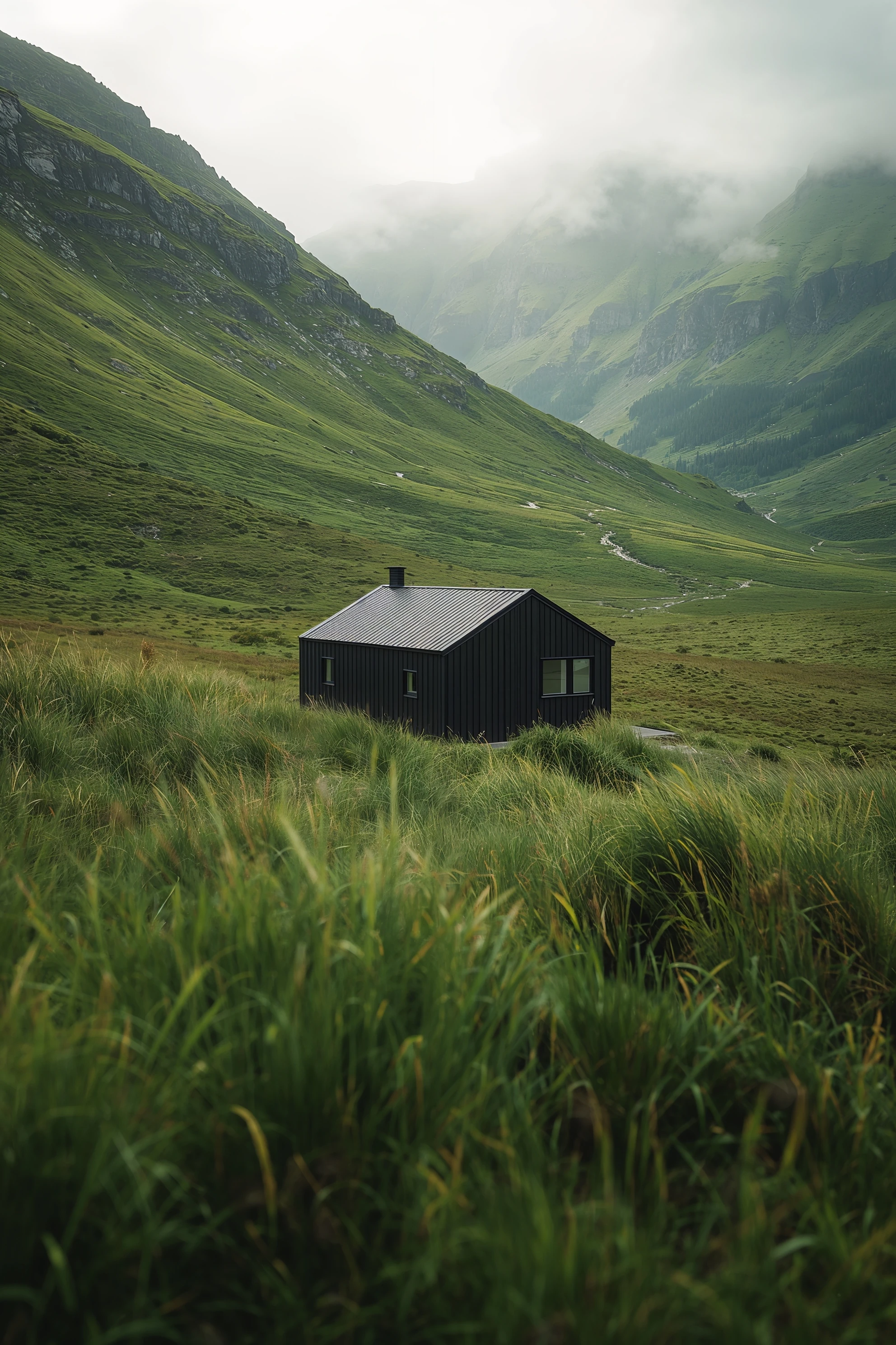Tech-enabled wilderness cabin surrounded by tall grass and misty mountains for remote hospitality stays — Spatial Design by Parallel Creative Agency — Kabin