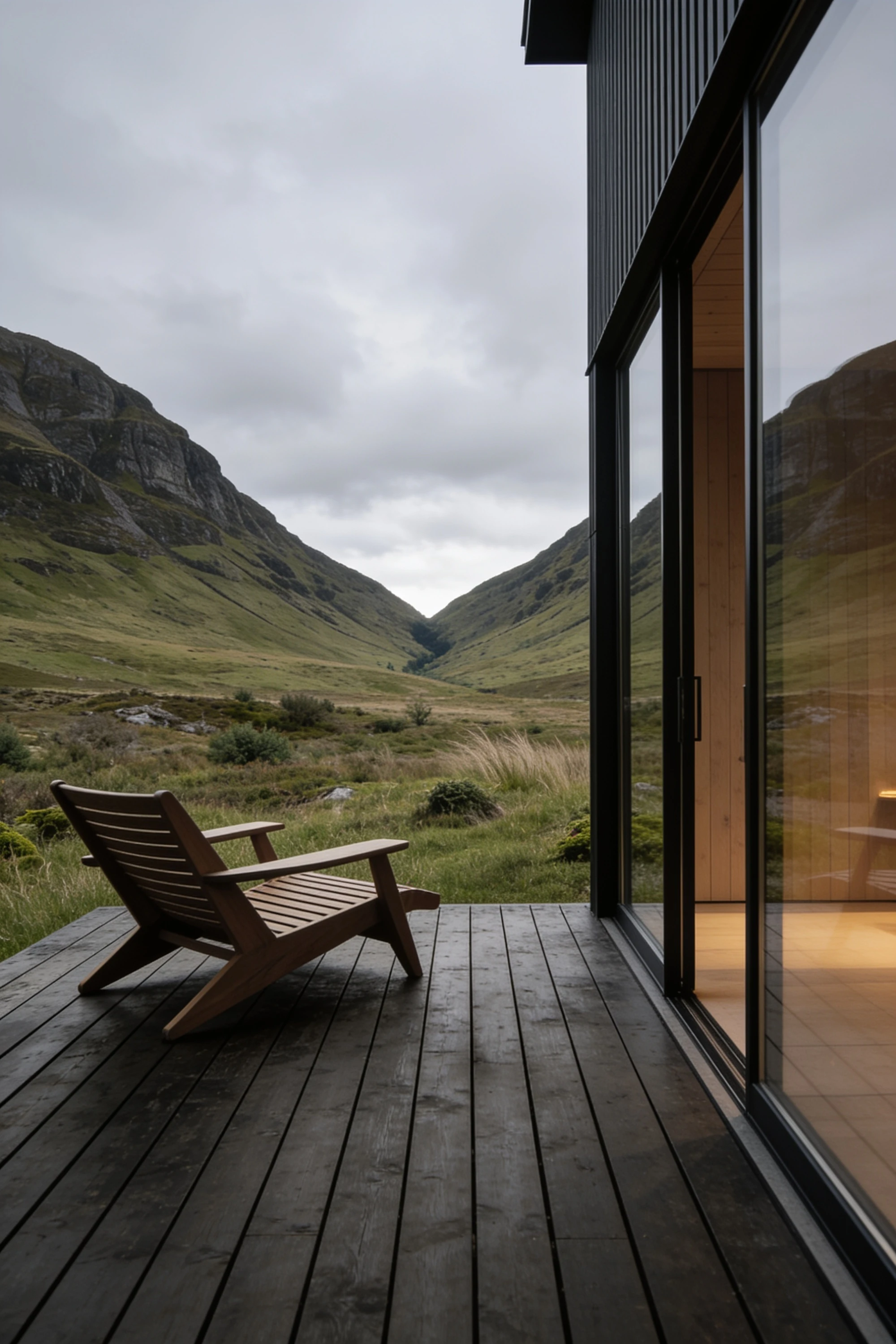 Private cabin deck and lounge chair facing rugged mountains, designed as a quiet outdoor getaway — Experience Design by Parallel Creative Agency — Kabin, stays