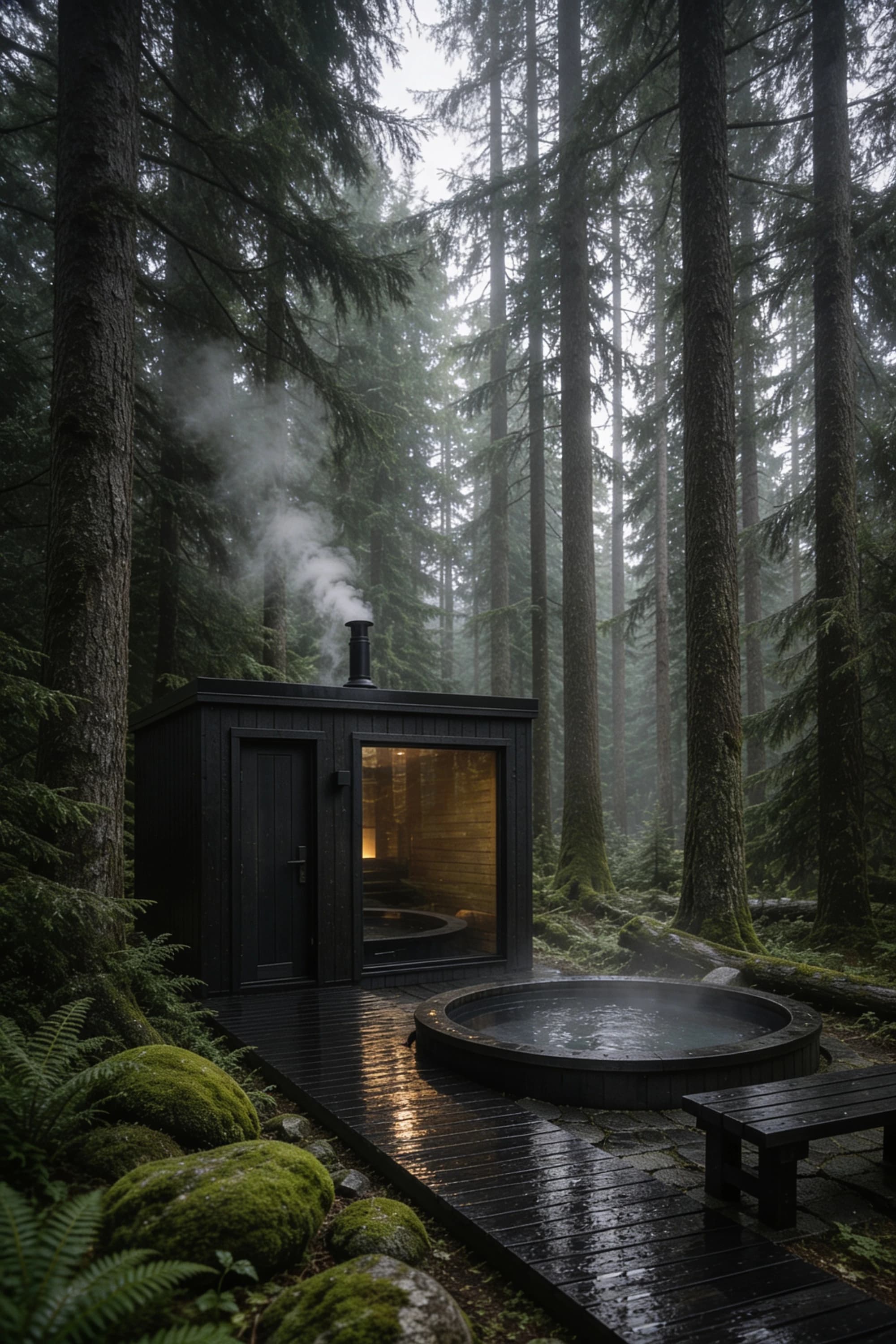 Circular hot tub on a secluded forest deck, adding an outdoor wellness experience to a premium glamping retreat — Experience Design by Parallel Creative Agency — Kabin