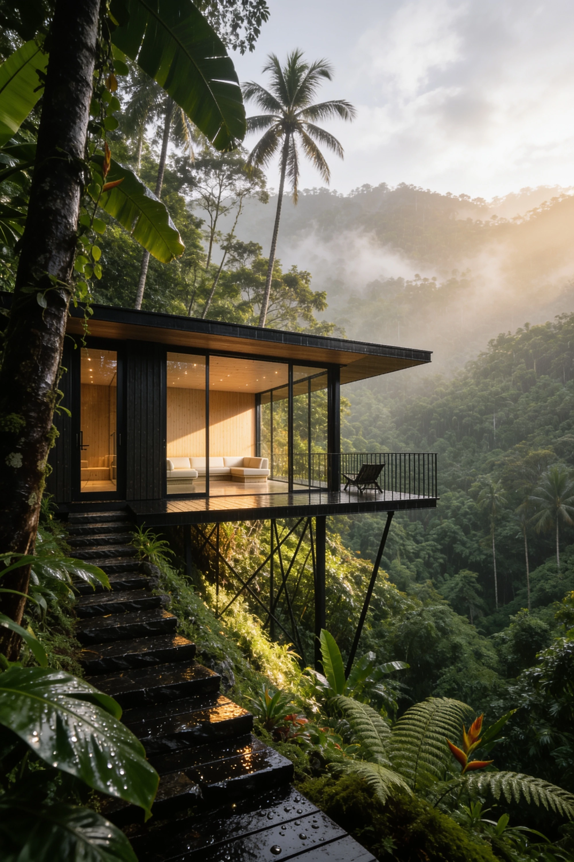 Elevated tropical cabin with a glowing glass living space envisioned as a connected tech hotel destination — Spatial Design by Parallel Creative Agency — Kabin, hospitality