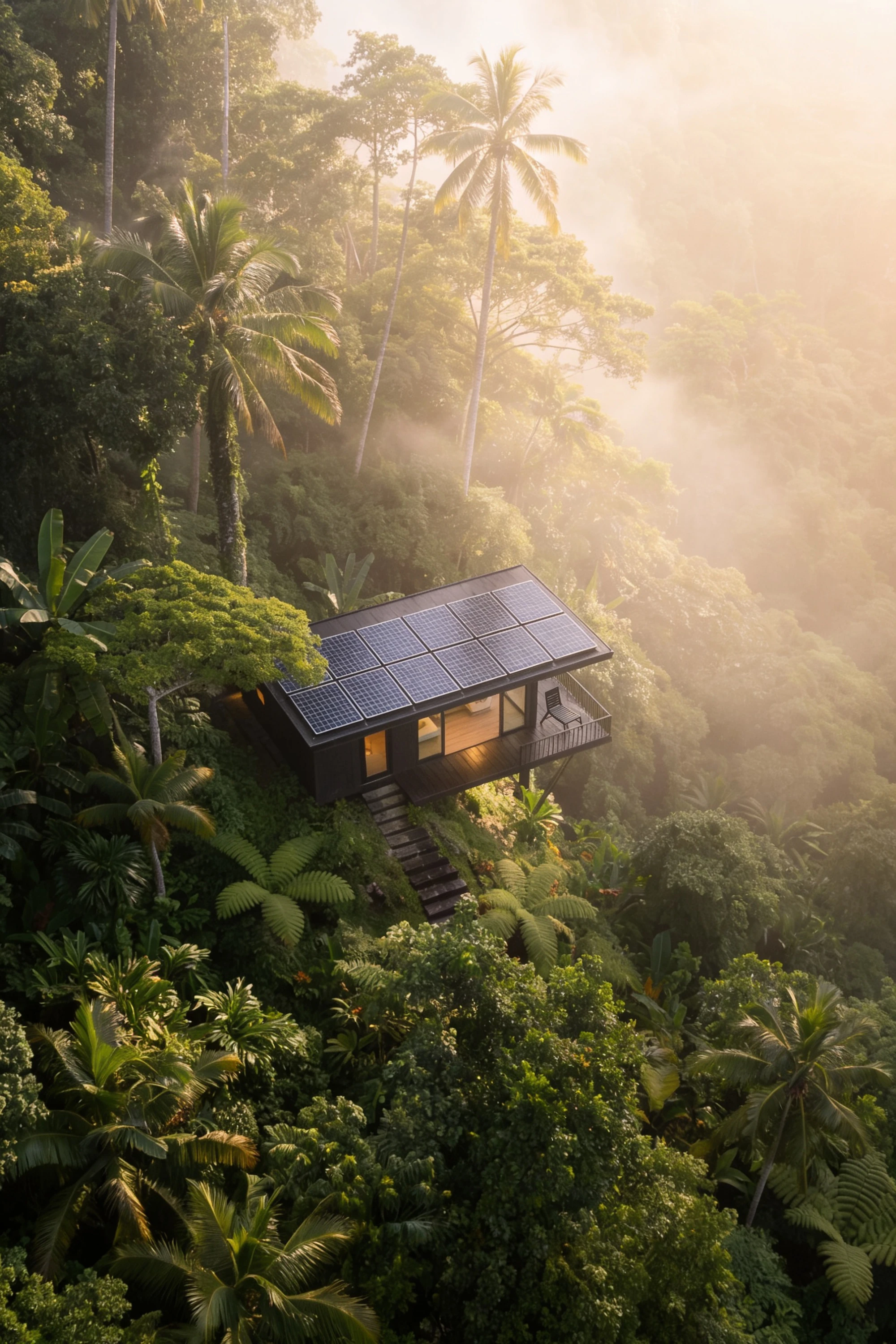 Aerial view of a remote rainforest cabin in golden mist, developed for a crypto-powered retreat and booking platform — Spatial Design by Parallel Creative Agency — Kabin