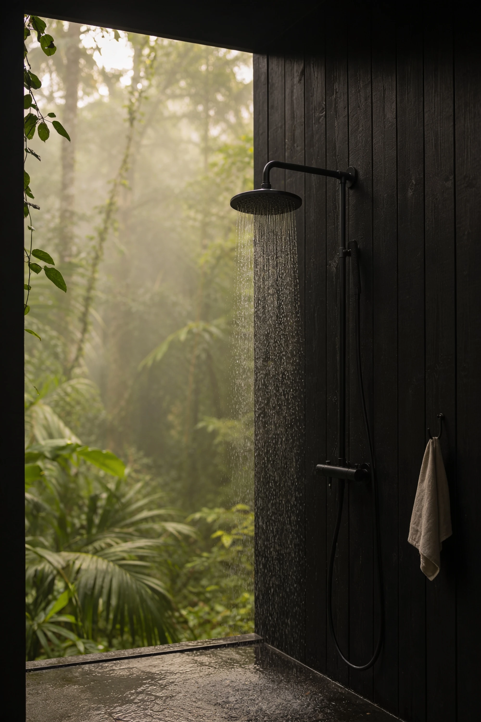 Private outdoor shower looking into lush tropical forest from a dark timber tiny house — Experience Design by Parallel Creative Agency — Kabin, glamping