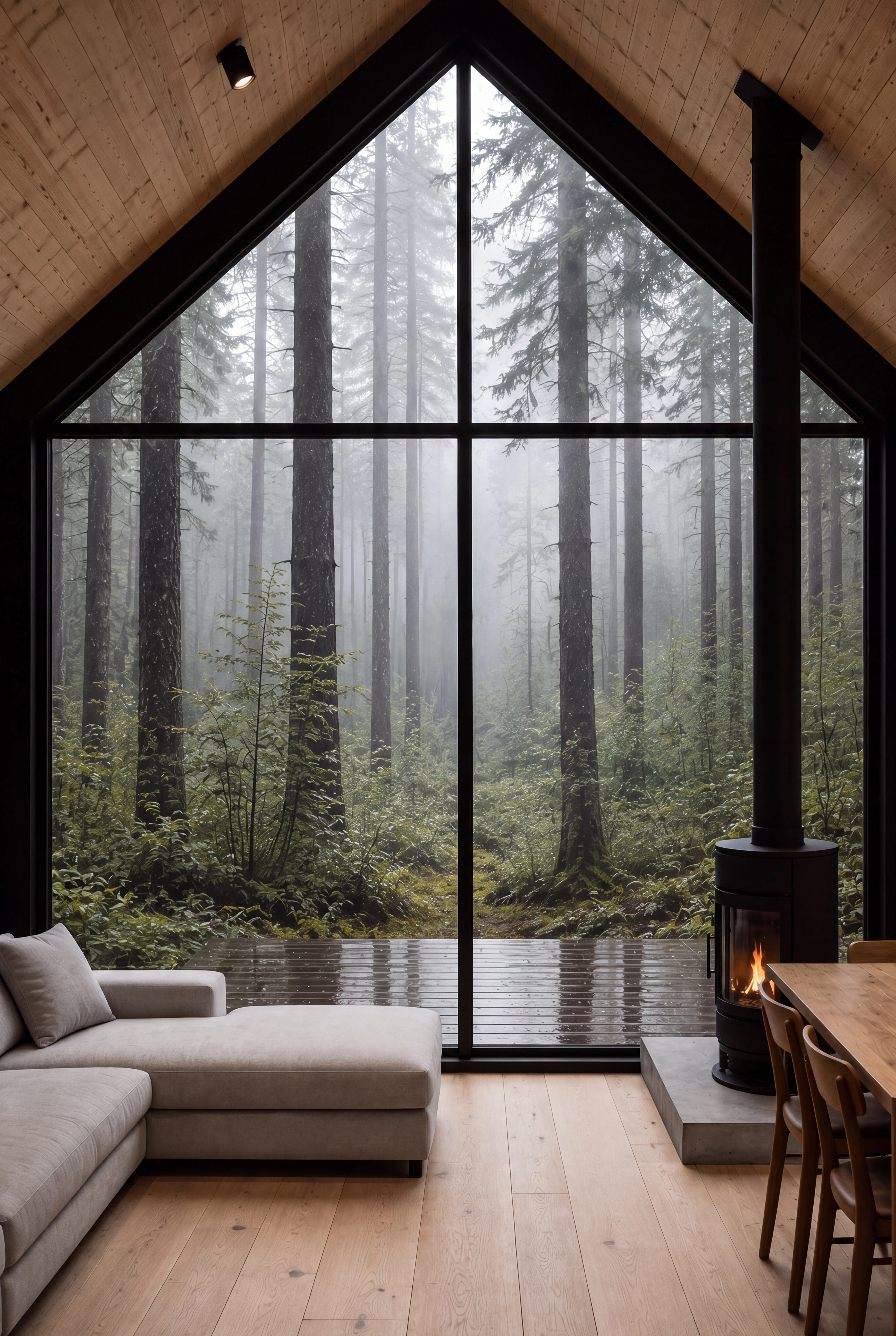 A-frame cabin design with timber floors, a wood stove and full-height windows opening onto the forest — Interior Design by Parallel Creative Agency — Kabin, retreat